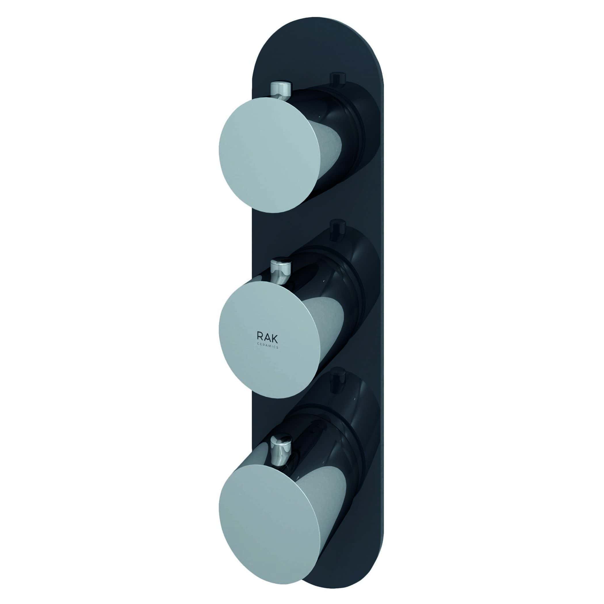 Chrome and black thermostatic shower mixer control, modern bathroom design, RAK Ceramics, sleek and functional shower valve for contemporary bathrooms.
