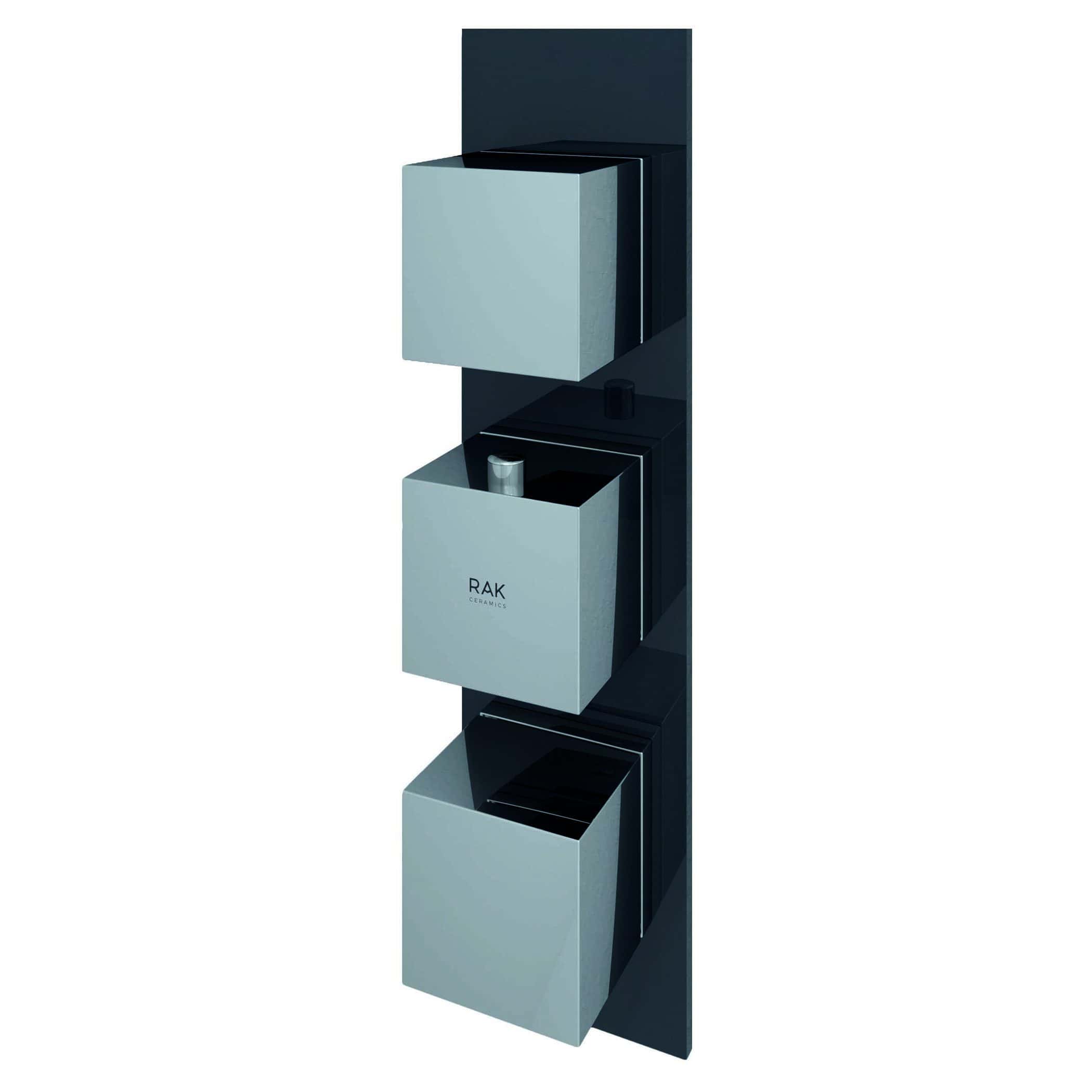 Sleek modern bathroom storage cabinet with open compartments for easy access, featuring RAK Ceramics branding, perfect for contemporary bathroom interior design.