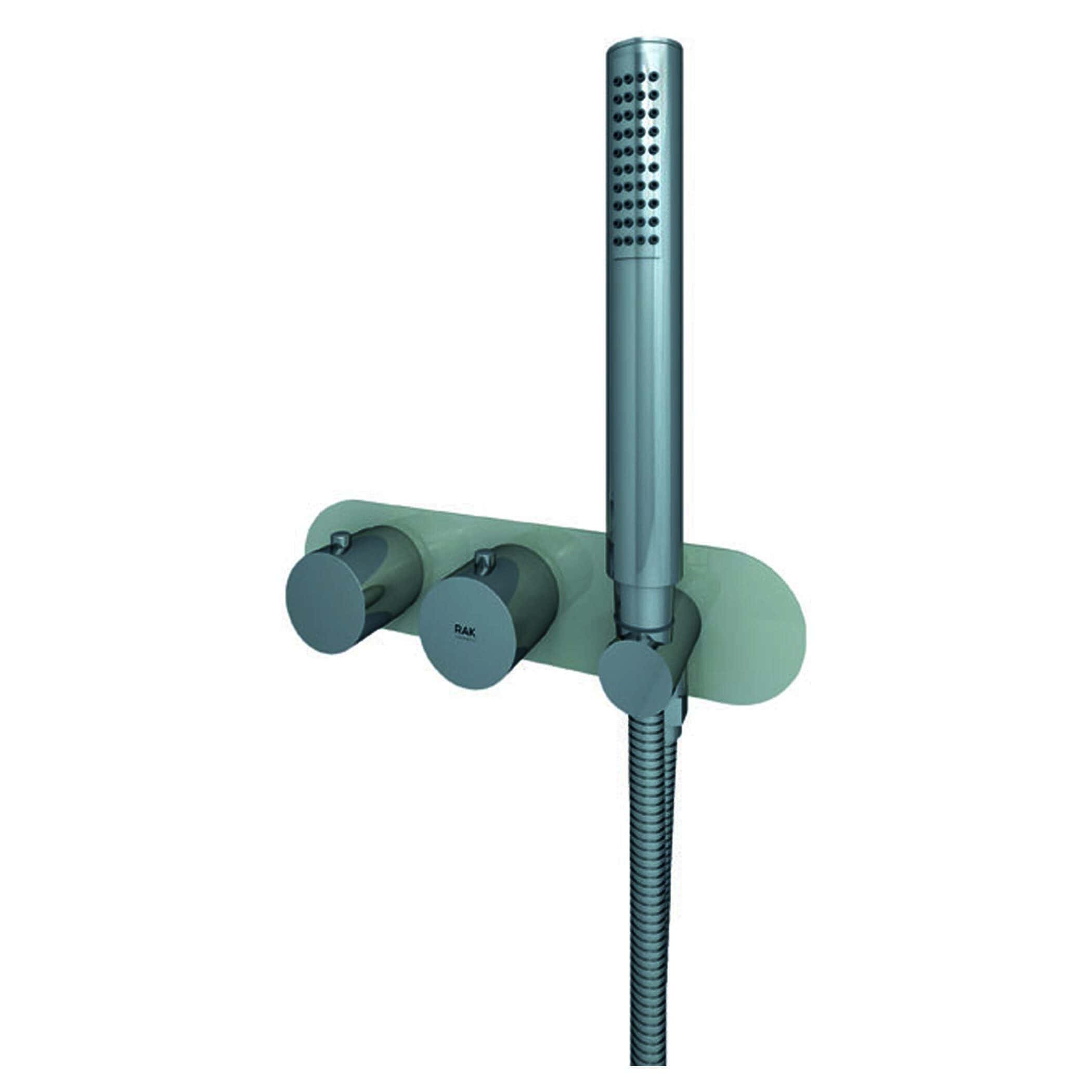 Sleek modern shower panel with multiple control knobs and a flexible hose for custom water flow. Perfect for contemporary bathrooms and bathroom remodels, offering easy installation and stylish design.