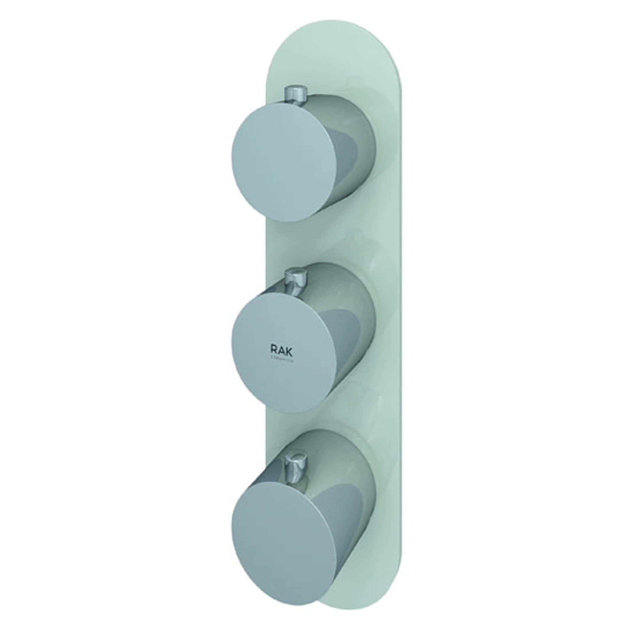 Shower valve with three control knobs for bath and shower mixer, sleek modern bathroom fixture, chrome finish, ideal for contemporary bathroom renovations, Bubly Bathrooms quality hardware.