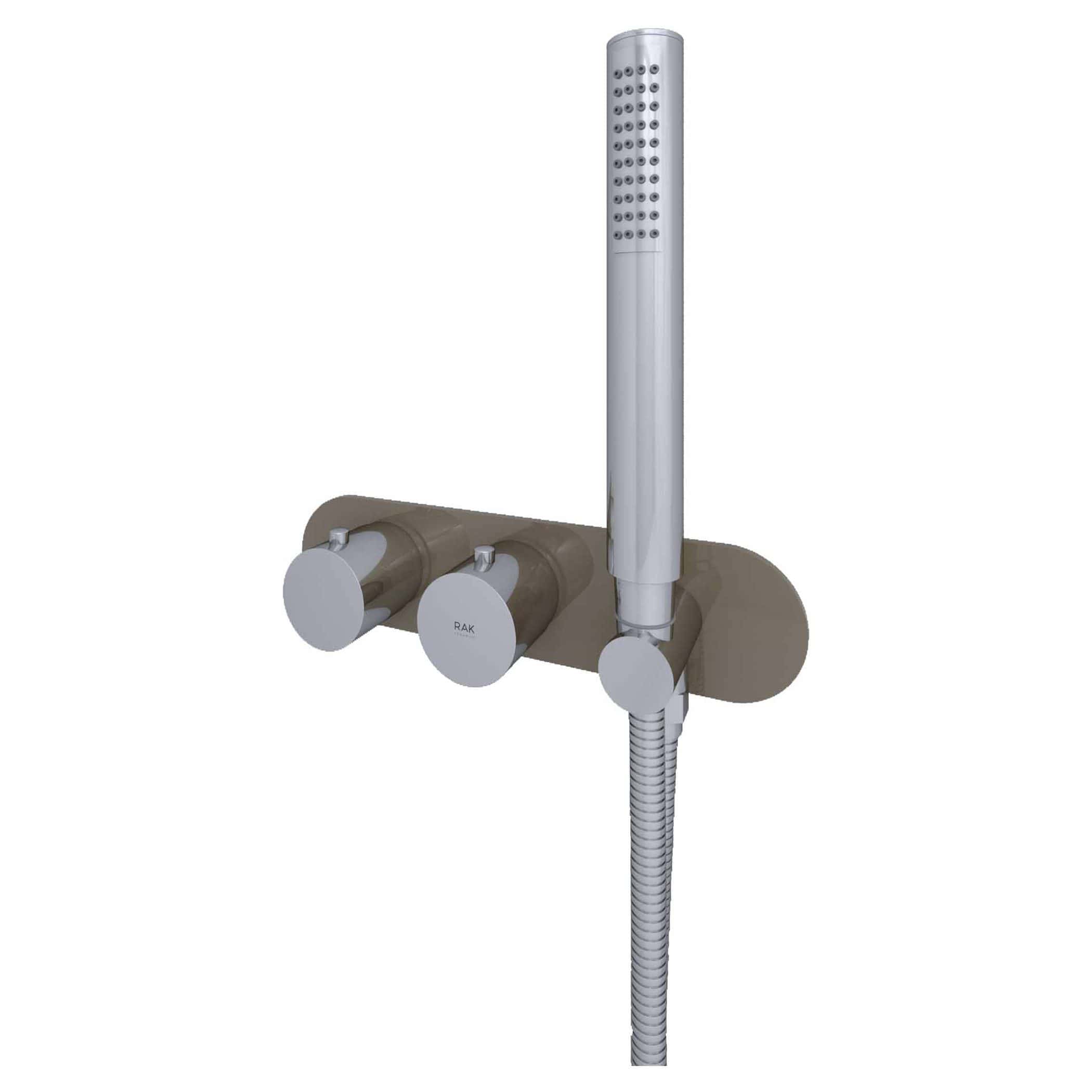 Sleek modern shower system with handheld showerhead and dual control dials, ideal for contemporary bathroom renovations and water-efficient showering solutions.