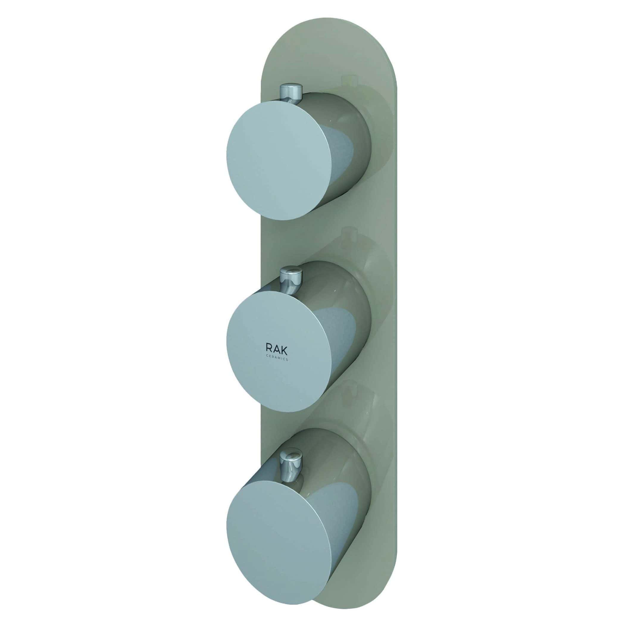 Modern RAK Bathrooms thermostat shower valve with three chrome controls on a neutral wall, ideal for contemporary bathroom fittings and water temperature control.