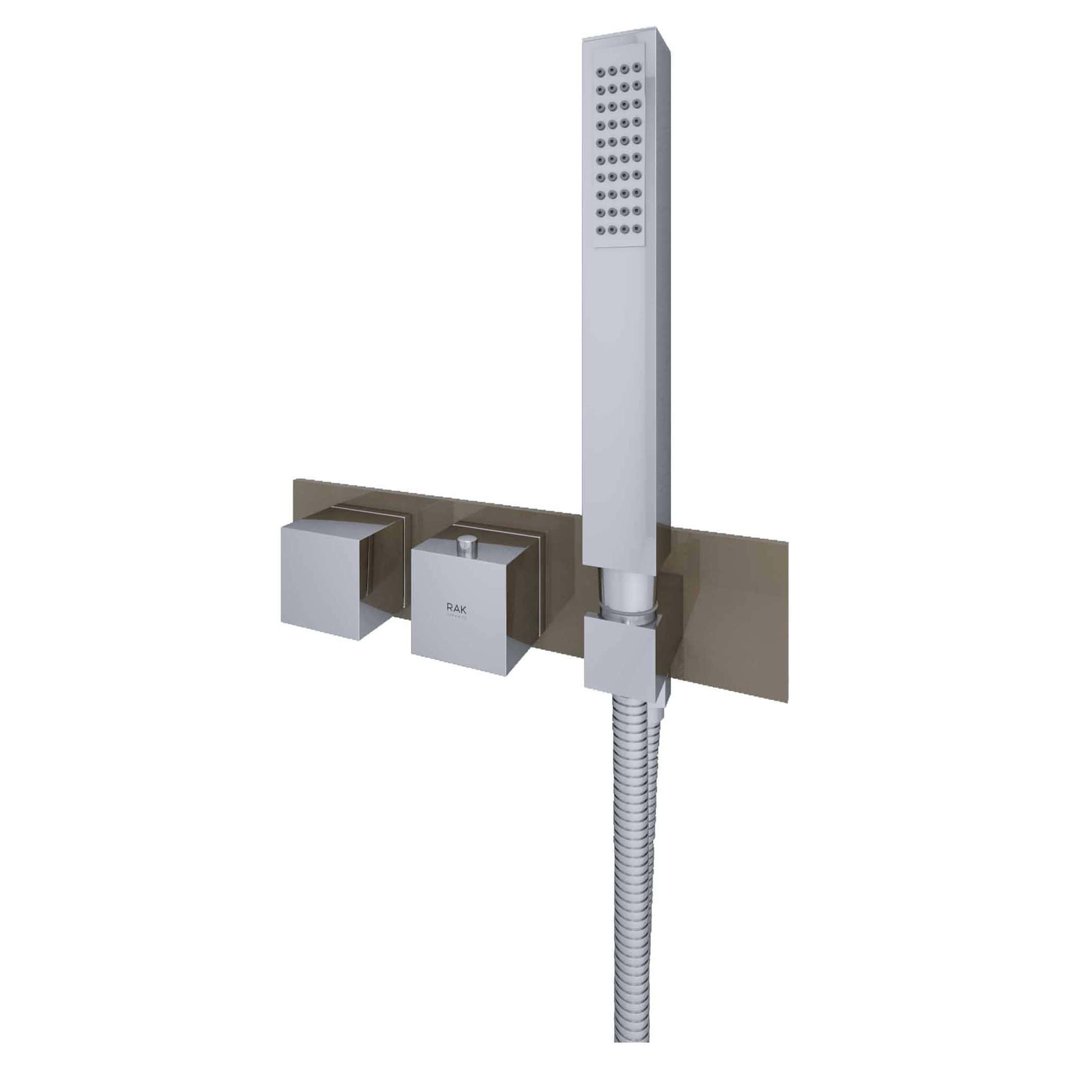 Sleek modern shower panel with multiple massage jets, handheld shower head, and minimalist wall mount, perfect for contemporary bathrooms.
