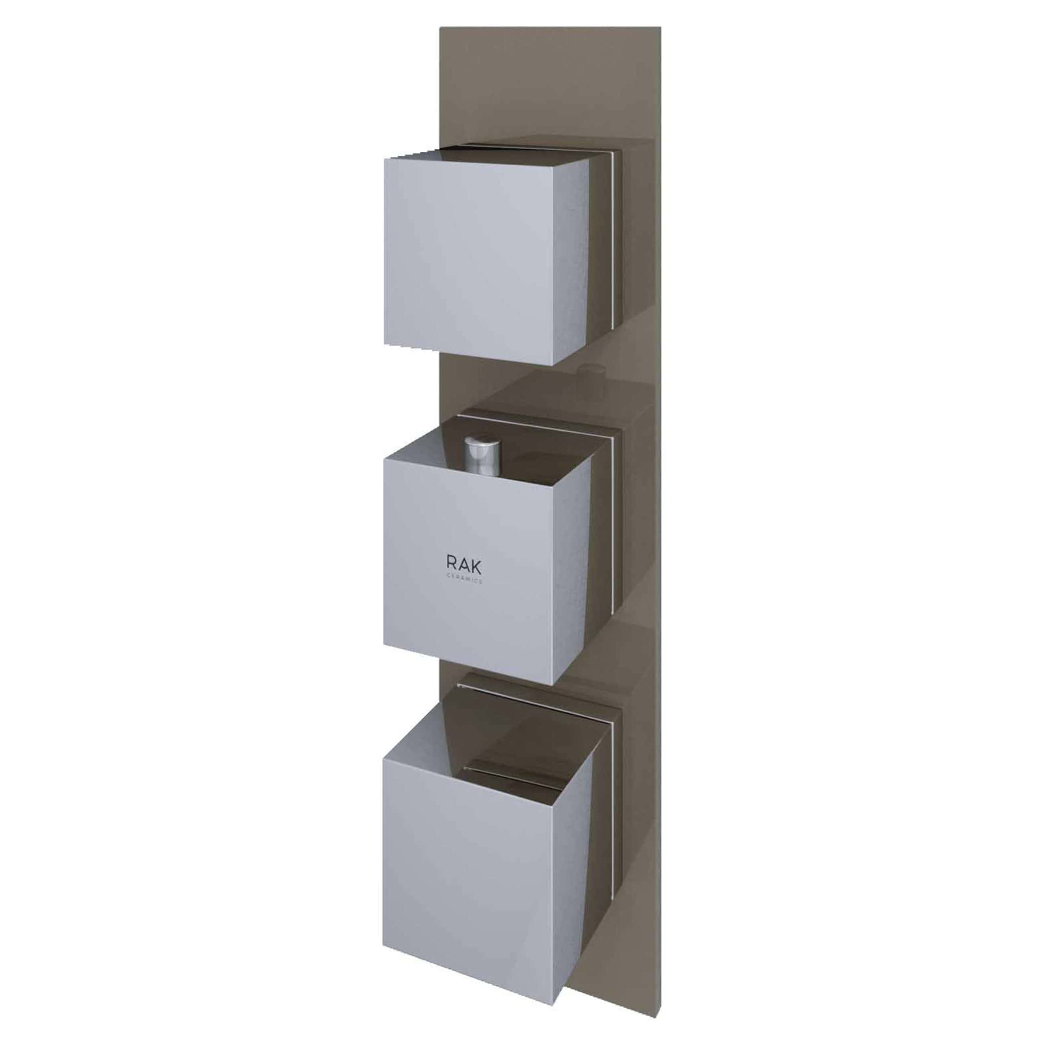 Sleek modern bathroom storage unit with white cubic cabinets mounted on a beige wall, ideal for contemporary bathroom organisation and minimalistic decor.