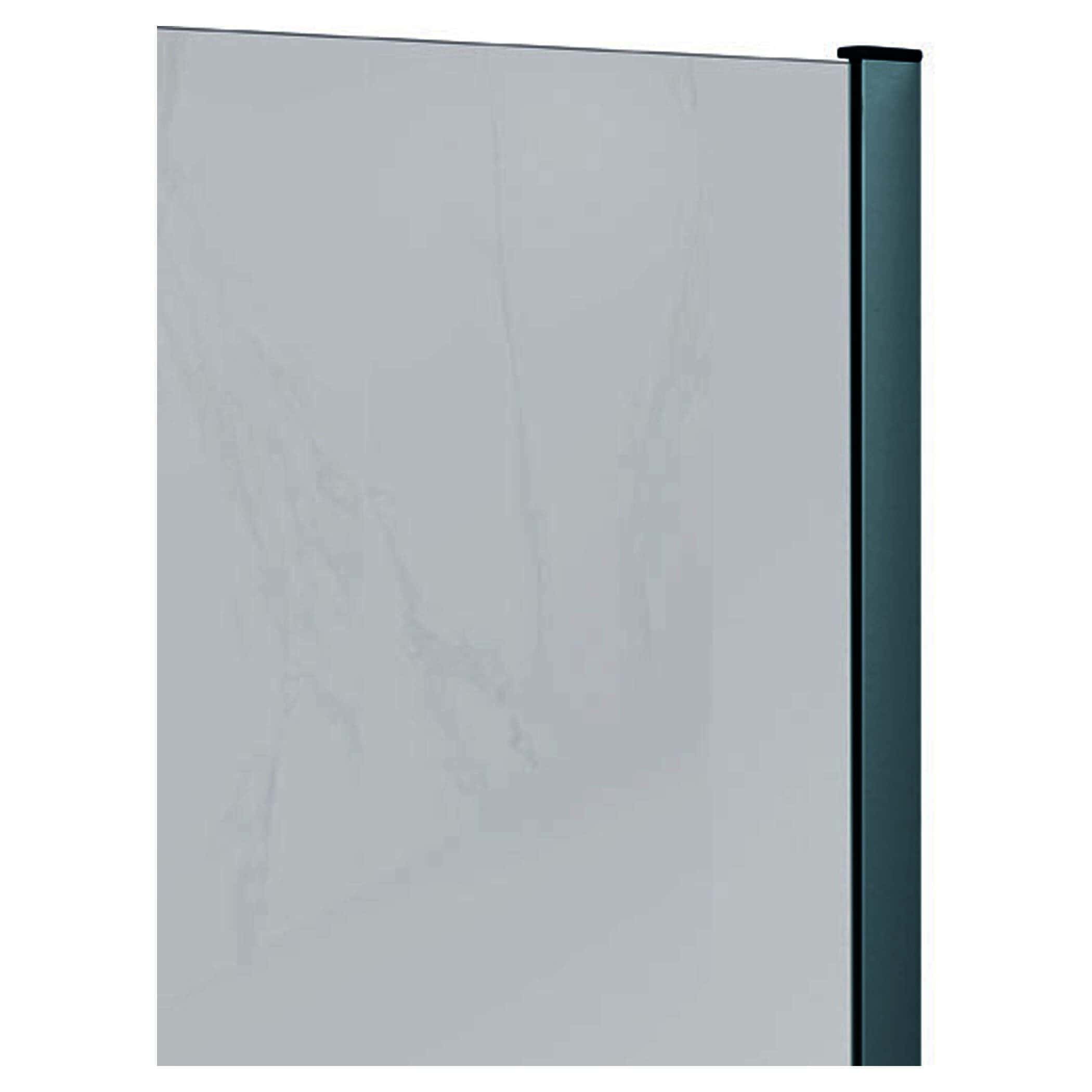 Light grey bathroom shower door with sleek black frame, modern and minimalist design from Bubly Bathrooms.