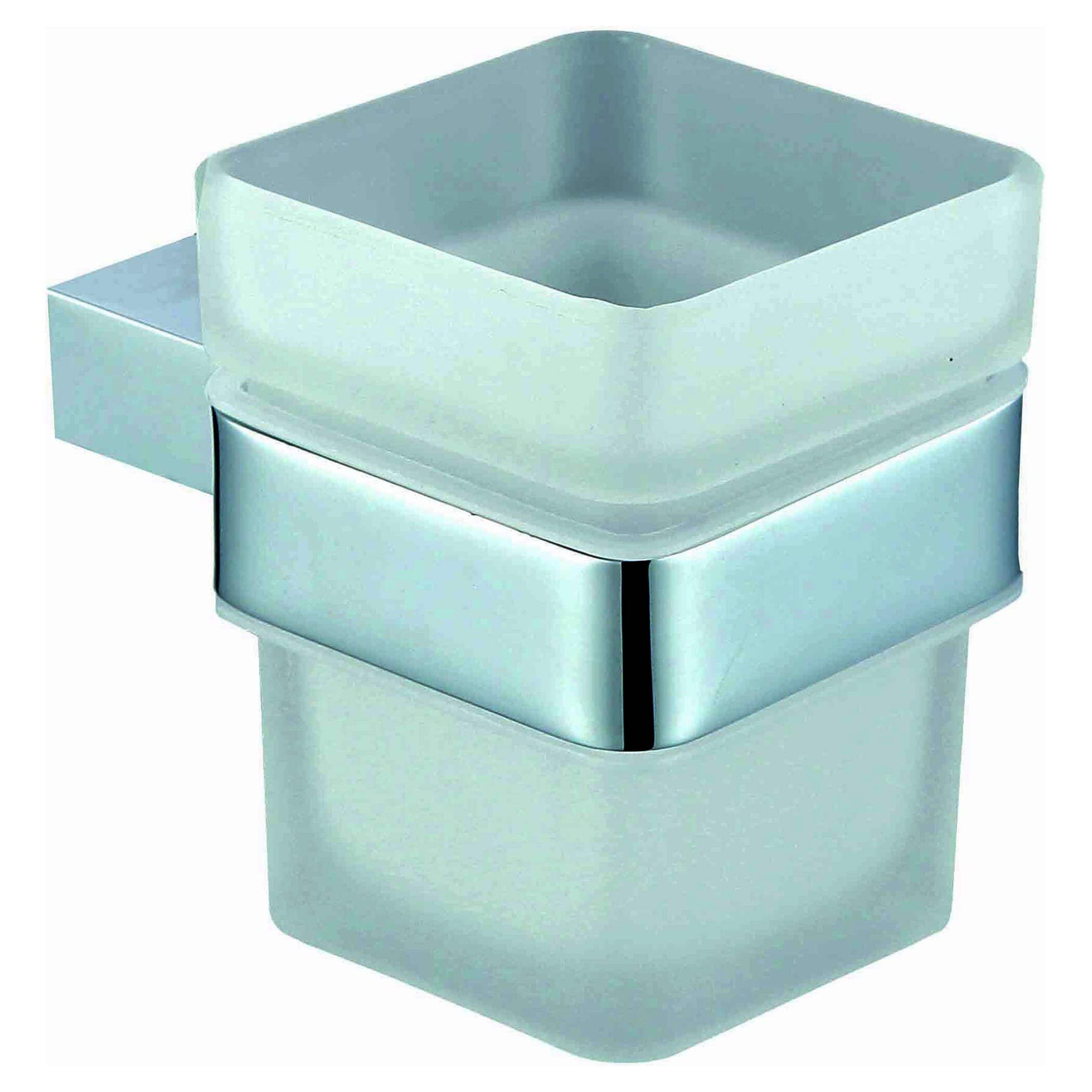 Polished chrome bathroom soap dispenser with frosted glass insert, modern design, and sleek finish. Suitable for contemporary bathroom décor, providing practical hand hygiene solutions.