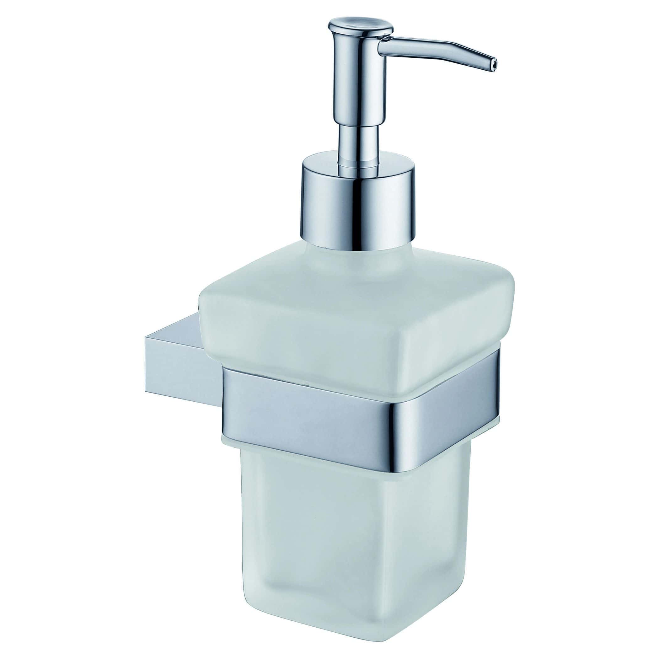 Sleek bathroom soap dispenser with chrome pump and frosted glass container, designed for modern bathroom decor and convenient handwashing.