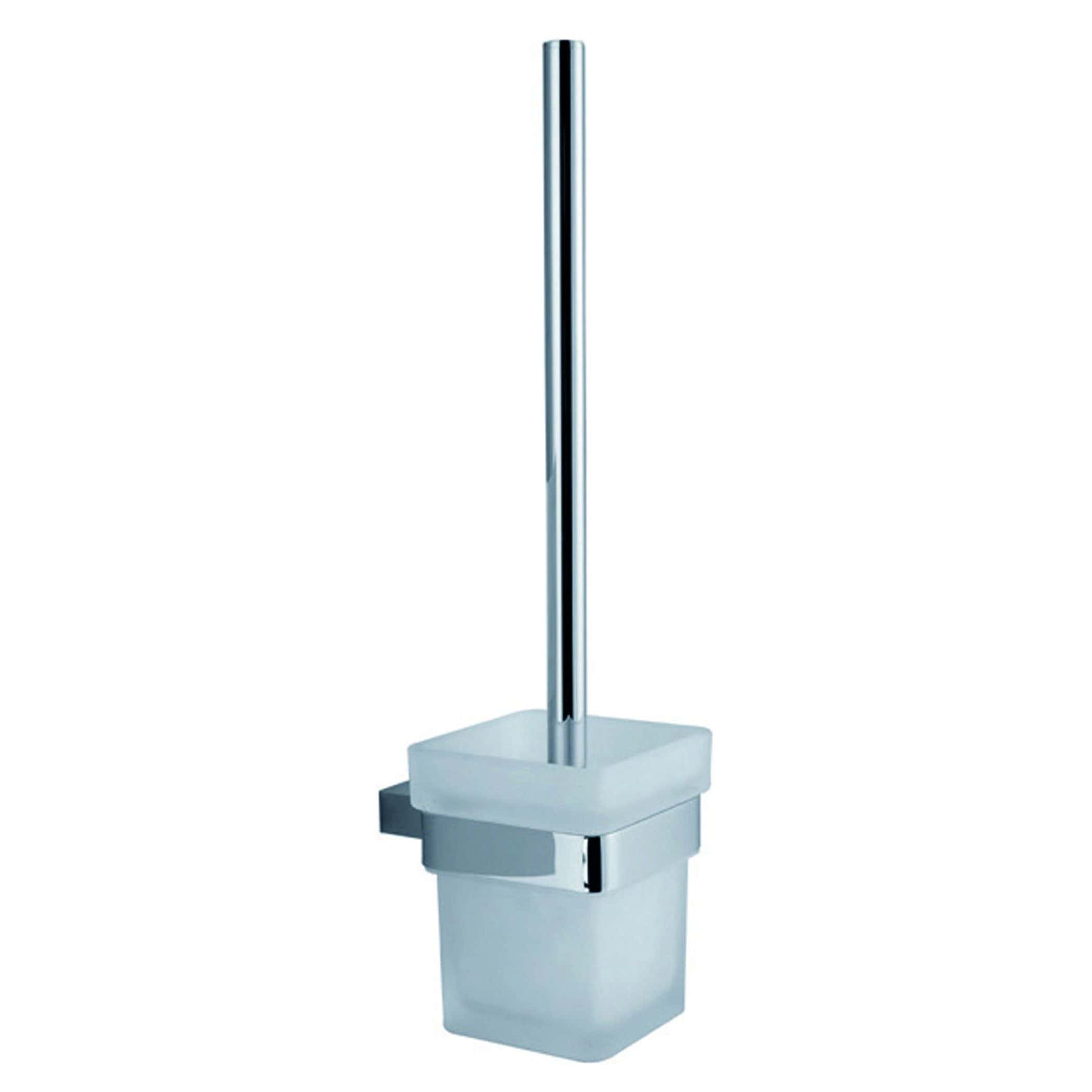 Polished chrome toilet brush holder with a white ceramic base, modern bathroom accessory, ideal for adding style and hygiene to your bathroom decor.