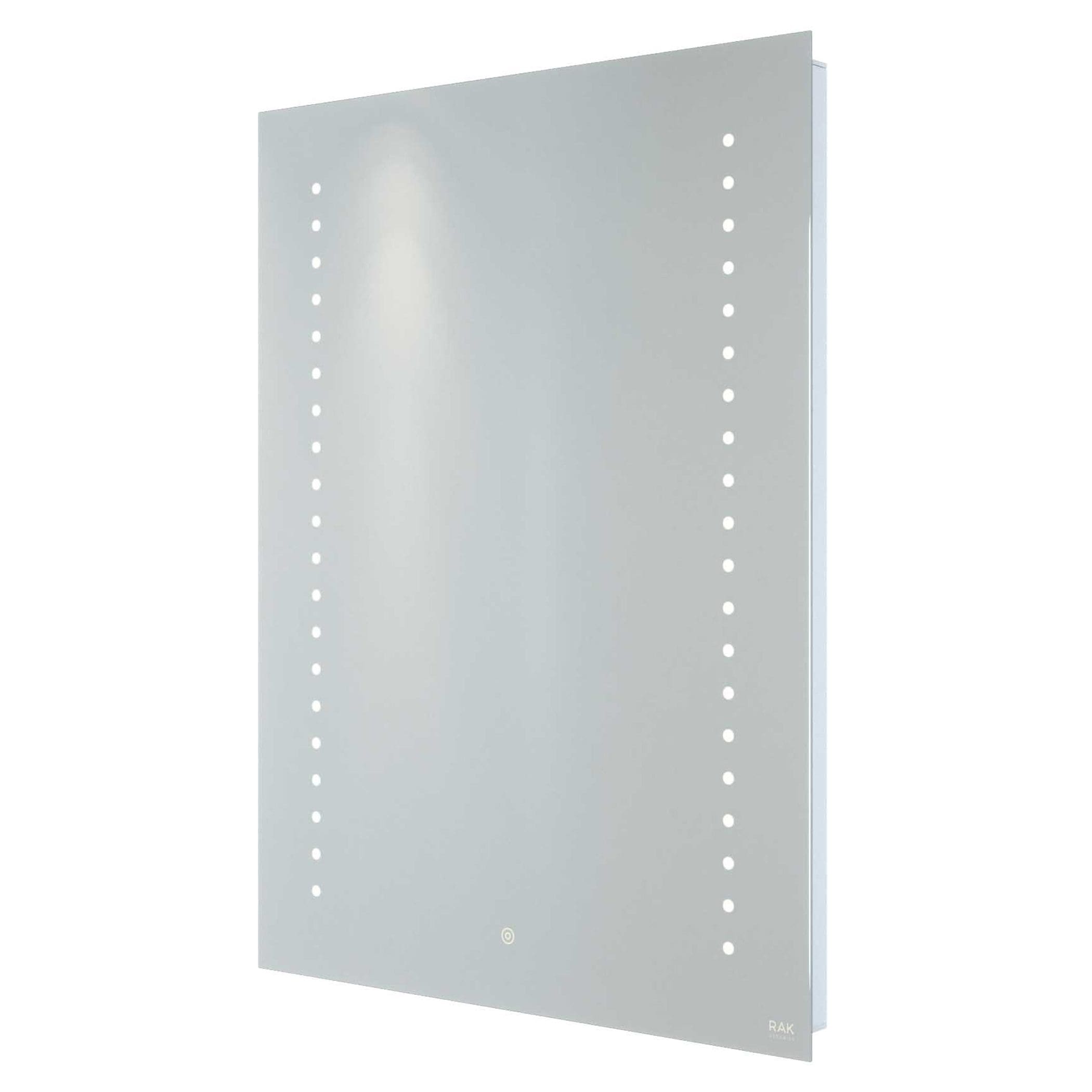 Illuminated LED bathroom mirror with defogger, modern design, and touch control, perfect for contemporary bathroom interiors.