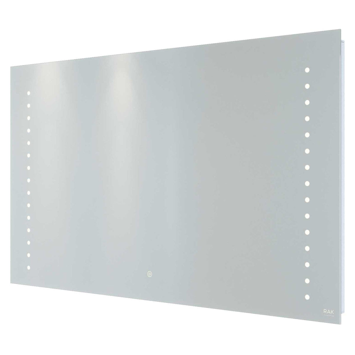 Light grey modern bathroom mirror with built-in LED lighting and touch control, perfect for contemporary bathroom interior design and enhancing space illumination.