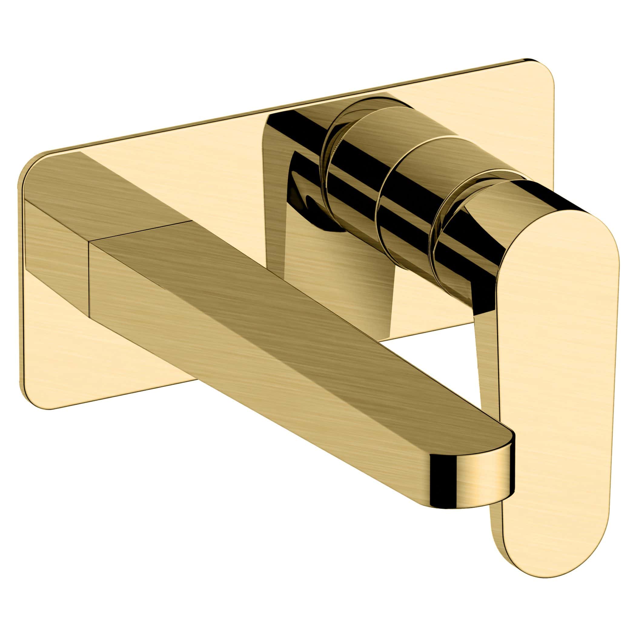Shiny gold wall-mounted bathtub or shower mixer tap with a modern design. Perfect for luxurious bathroom renovations and high-end bathroom fixtures.