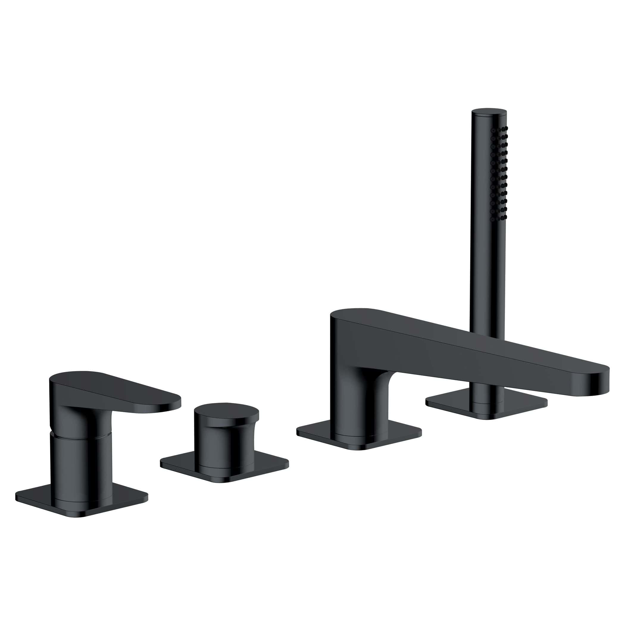 Sleek black bathroom mixer tap set with a modern design, featuring a waterfall spout and multi-functional handheld shower, ideal for contemporary bathroom renovations.