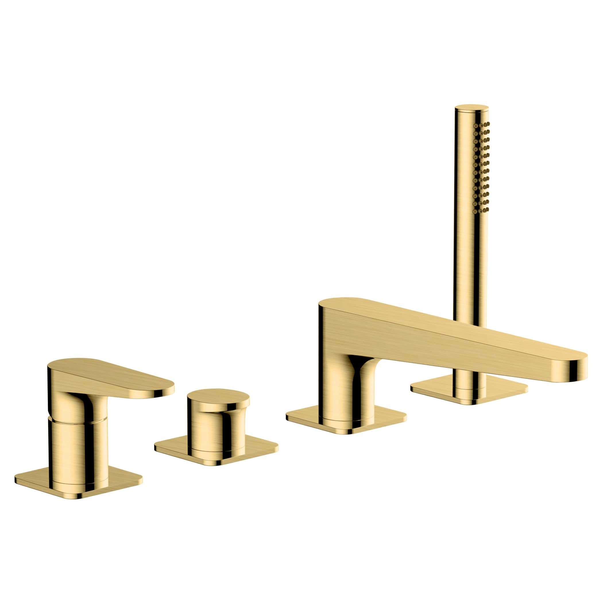 Sleek gold bathroom mixer tap set with standalone handheld shower and modern design, perfect for luxurious bathroom upgrades and contemporary faucets.