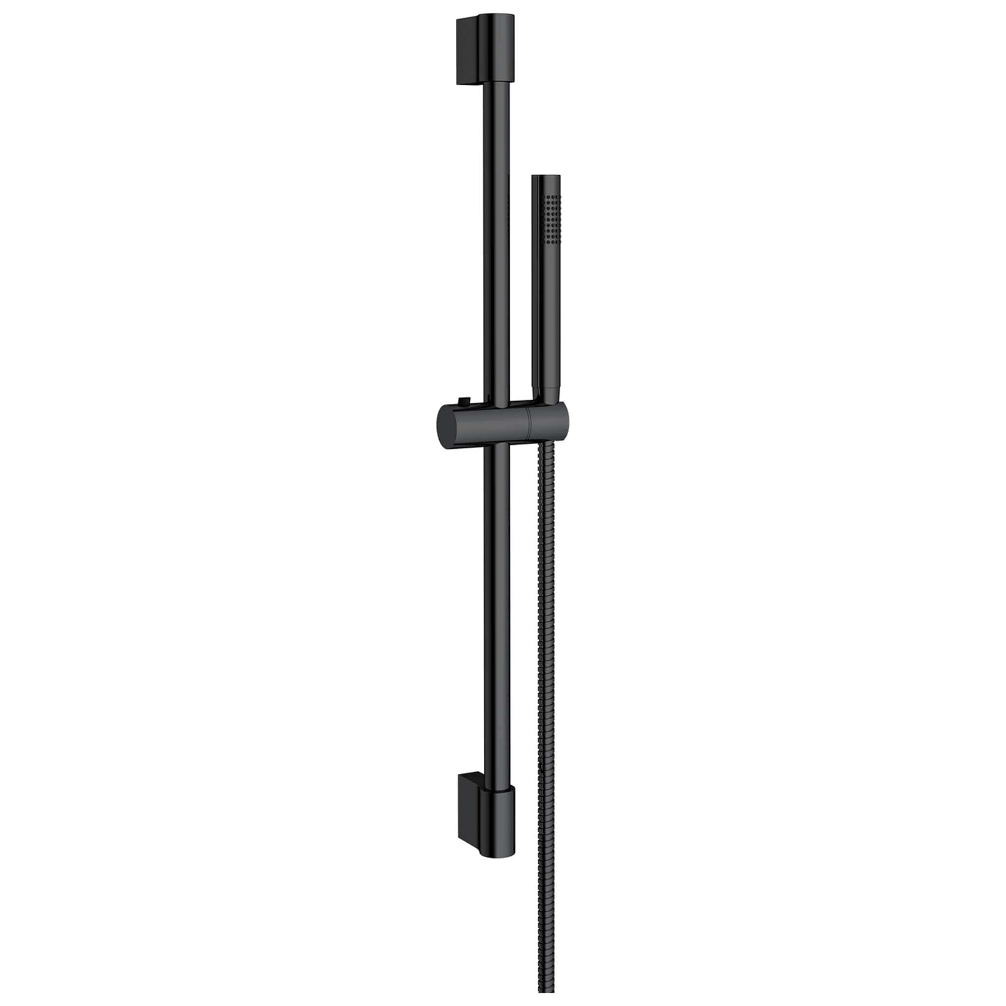 Sleek black modern bathroom shower rail with adjustable height, handheld shower head and flexible hose, perfect for contemporary Bubly bathrooms.
