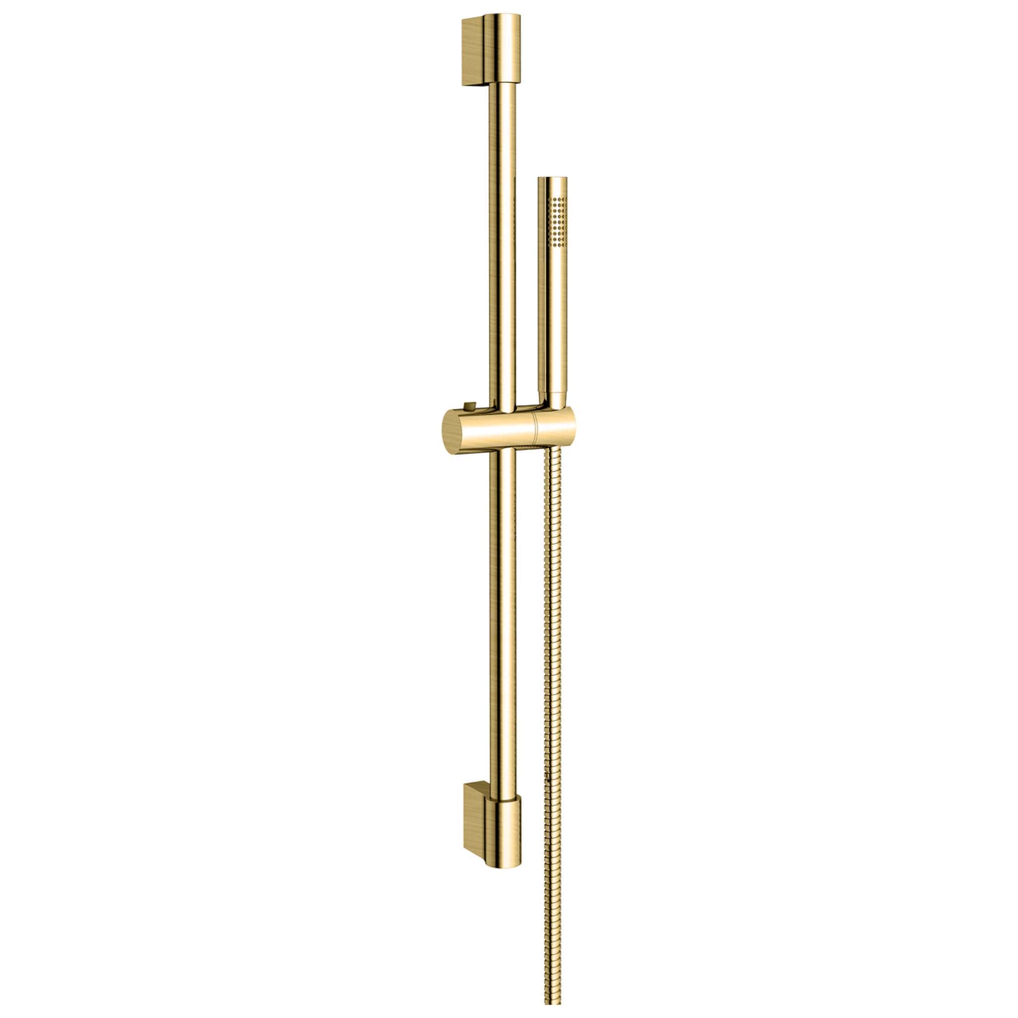 Polished gold bathroom shower rail and handheld showerhead set, modern bathroom accessories, luxurious gold finish for contemporary bathroom decor.