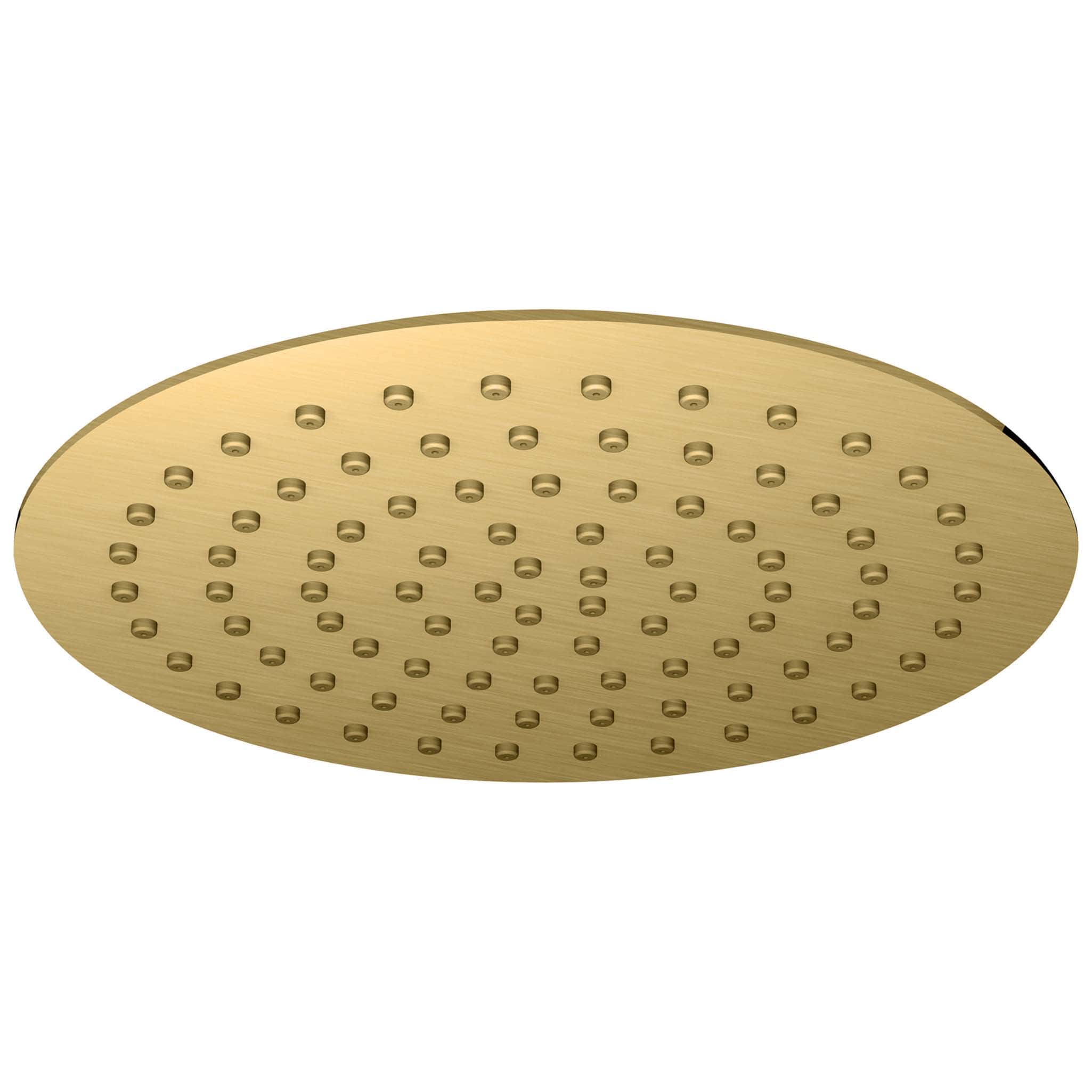 Polished gold round rain showerhead for luxurious bathroom bathing. Modern bathroom accessories, high-quality shower fixtures, and elegant bathroom design elements.