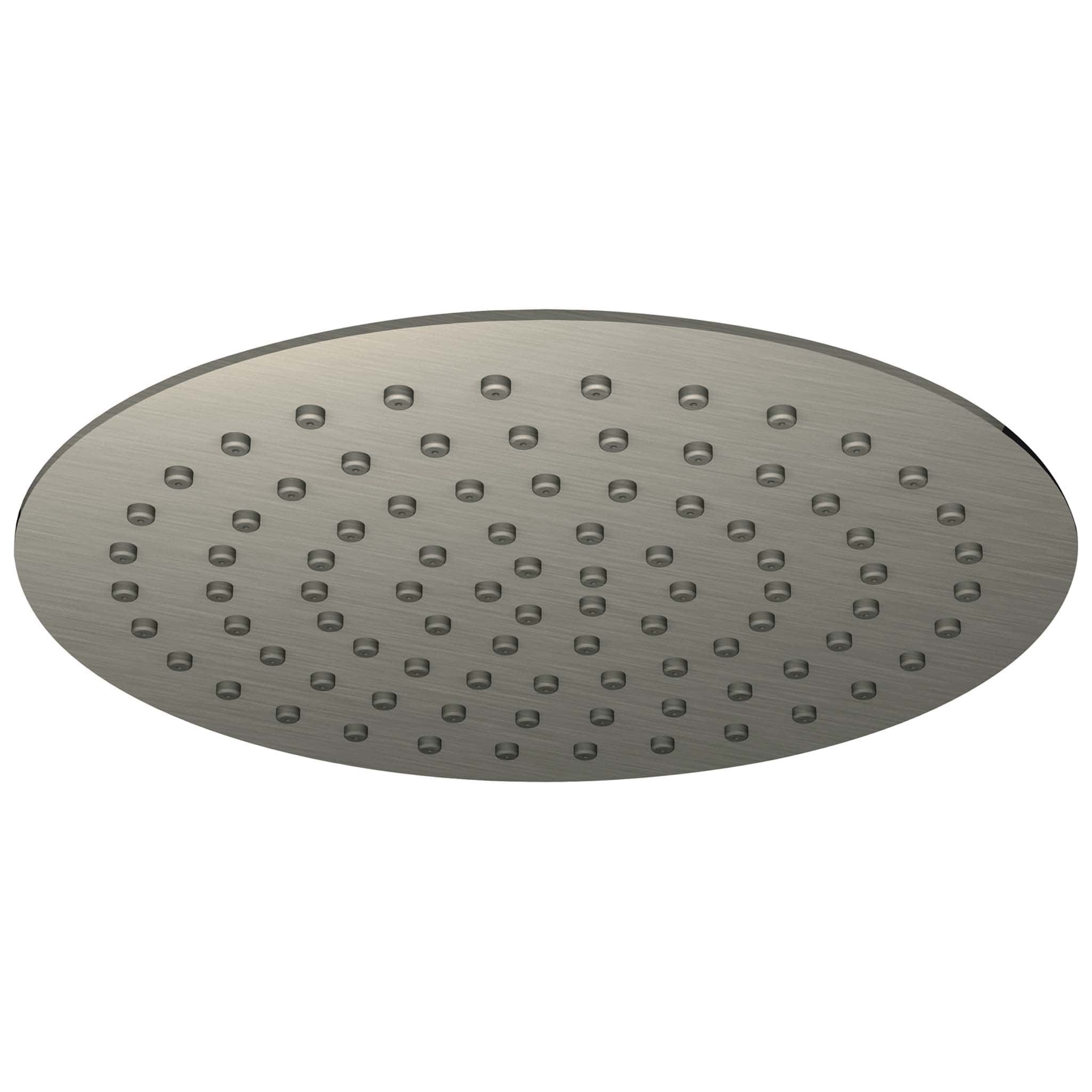 Polished stainless steel rain showerhead with multiple water nozzles for luxurious bathroom showers.