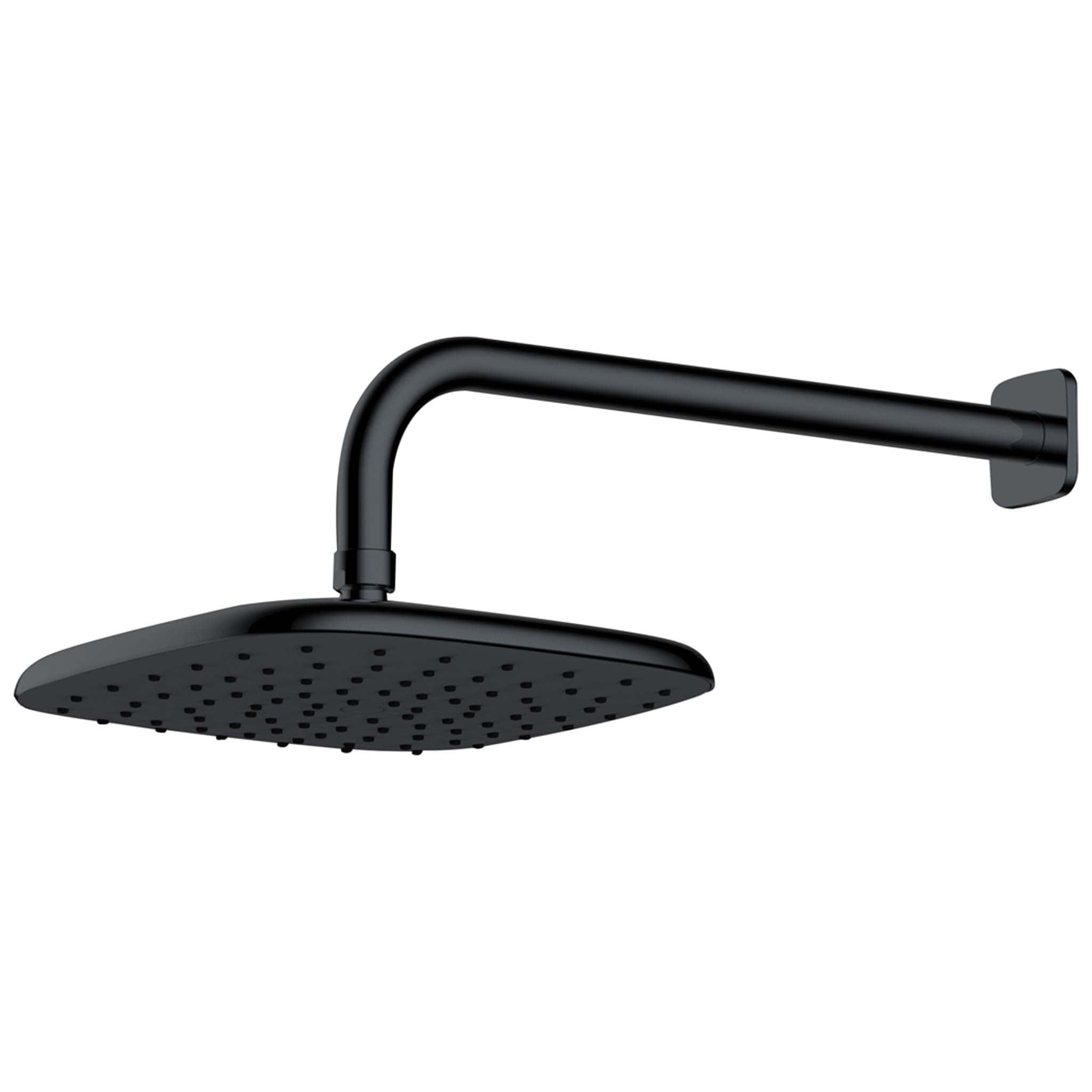 Matte black rainfall shower head with adjustable arm, modern bathroom fixture for luxurious shower experience.