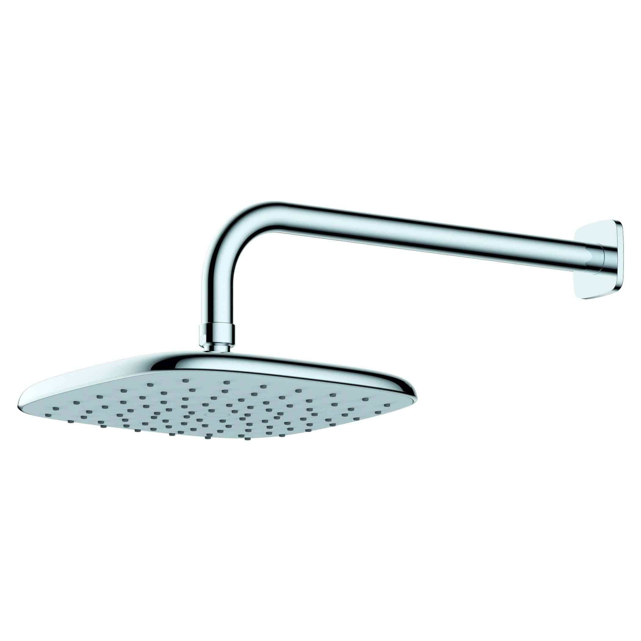 Shower head with chrome finish, wall-mounted, high-pressure rainfall design, modern bathroom fixture.
