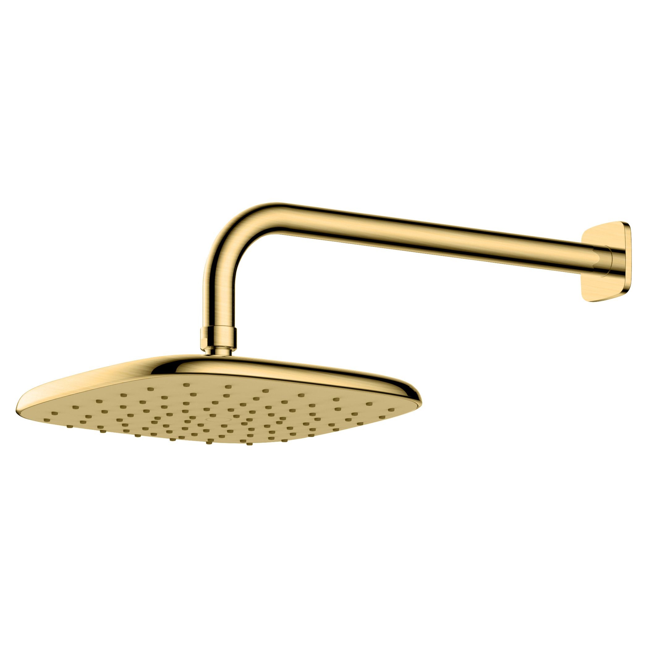 Polished gold shower head with ceiling mount, modern bathroom fixture, rain shower design, minimalist style for luxury bathrooms, Bubly Bathrooms UK.