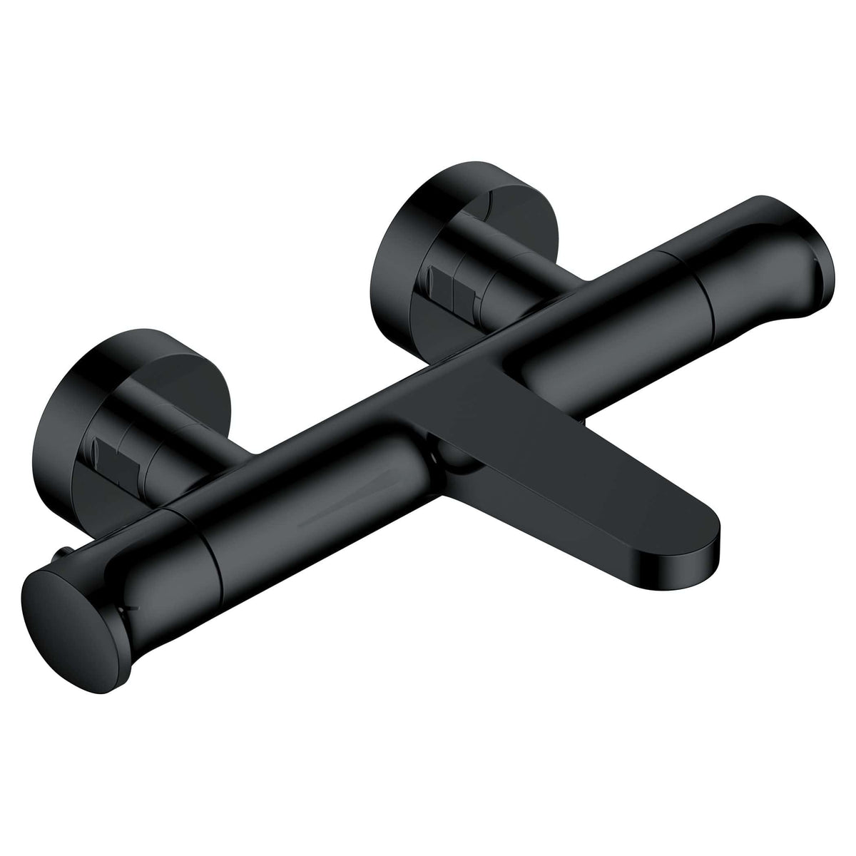 Sleek black wall-mounted bathroom tap with modern minimalist design, perfect for contemporary bathrooms, featuring a single lever handle for easy water control.