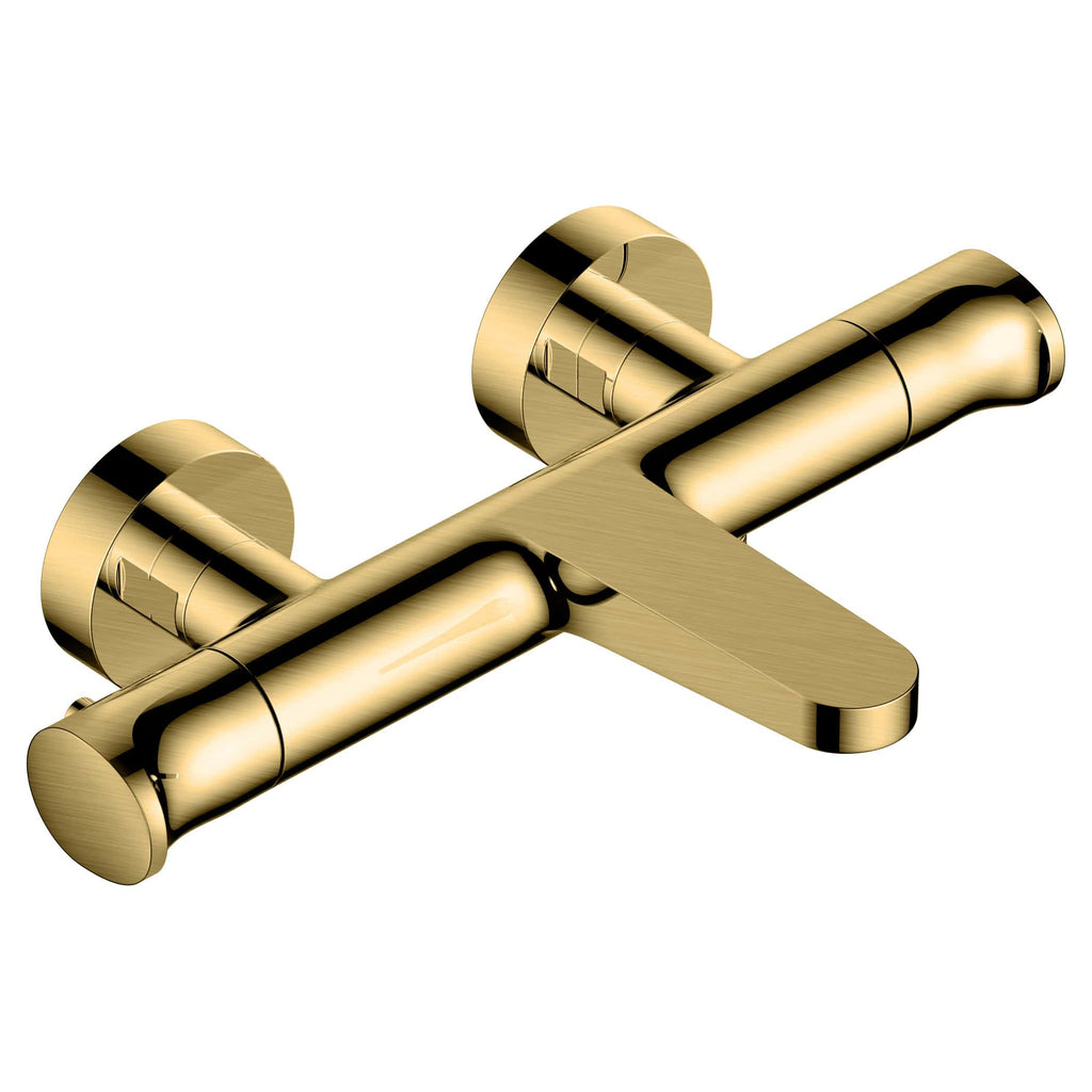 Polished gold bathroom mixer tap with modern design and dual handles for hot and cold water. High-quality plumbing fixture suitable for contemporary bathrooms.