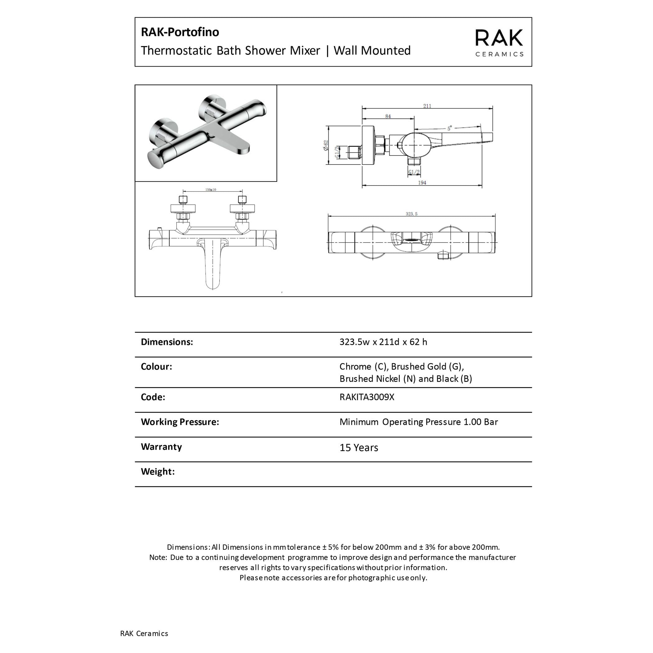 Shiny chrome wall-mounted thermostatic bath shower mixer with detailed technical drawings and specifications. Designed for modern bathrooms, it offers reliable water control and easy installation.