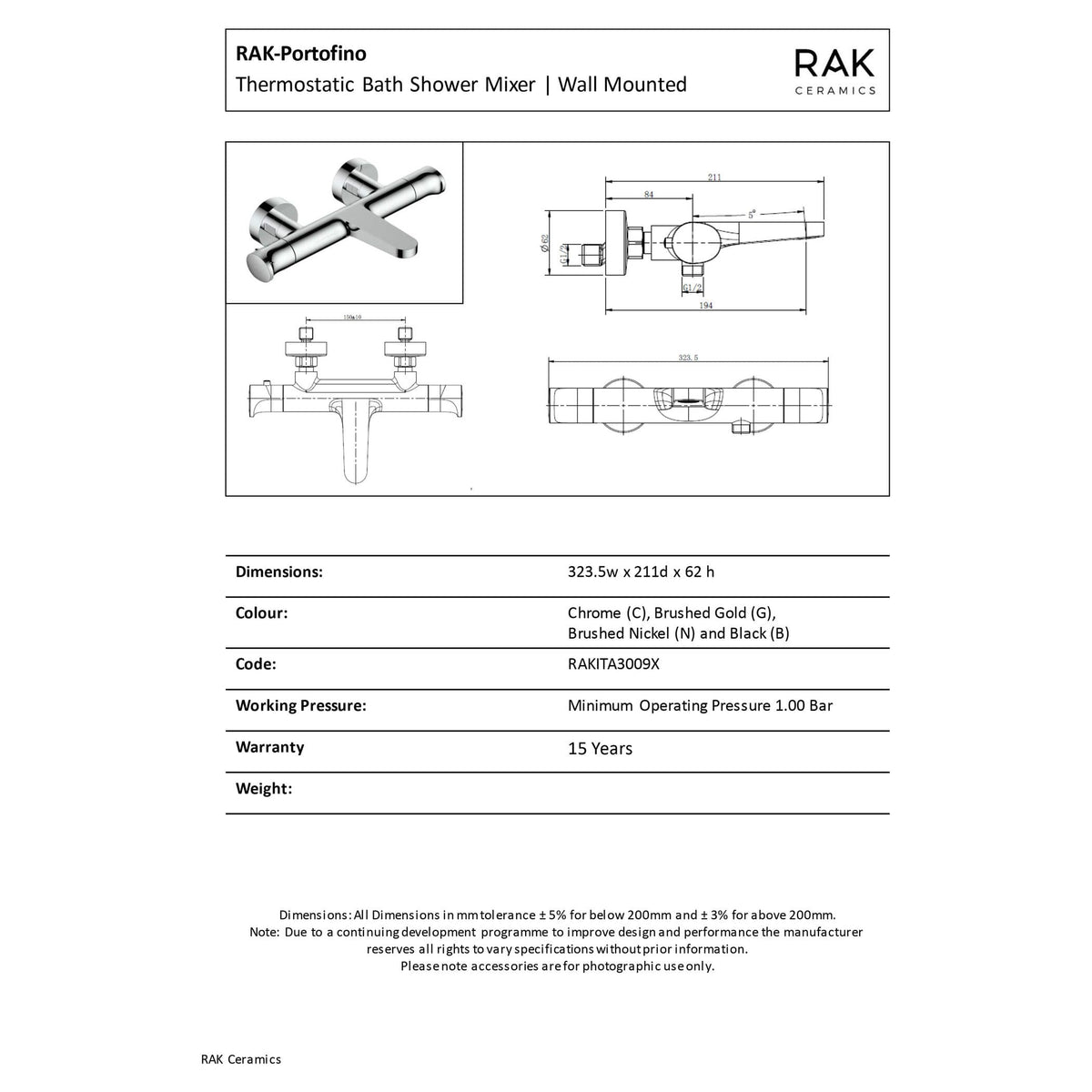 Chrome wall-mounted thermostatic bath shower mixer with detailed technical drawing, dimensions, and specifications. Suitable for modern bathroom installations.