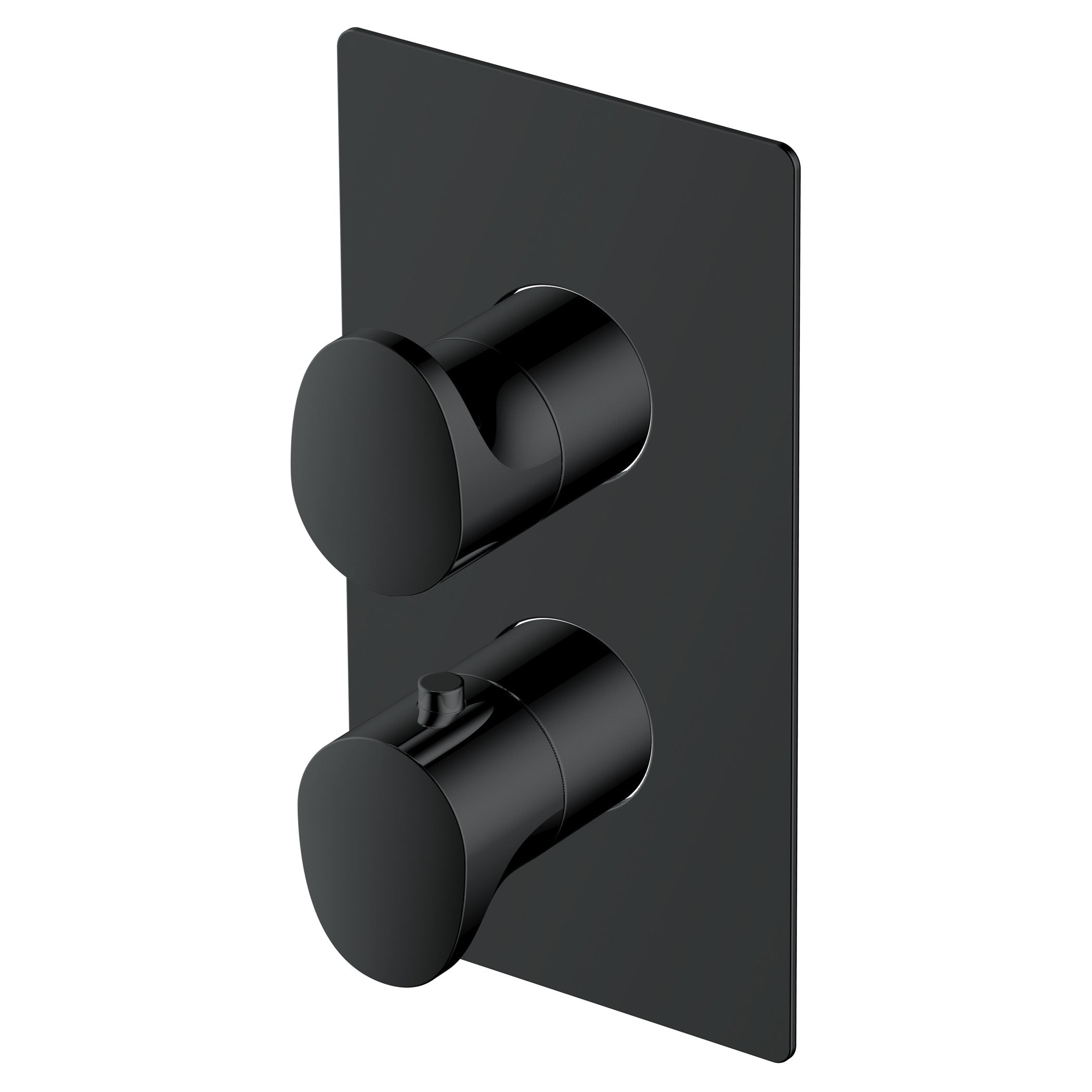 Shower control valve with black finish, modern bathroom fixture for temperature and water flow adjustment.