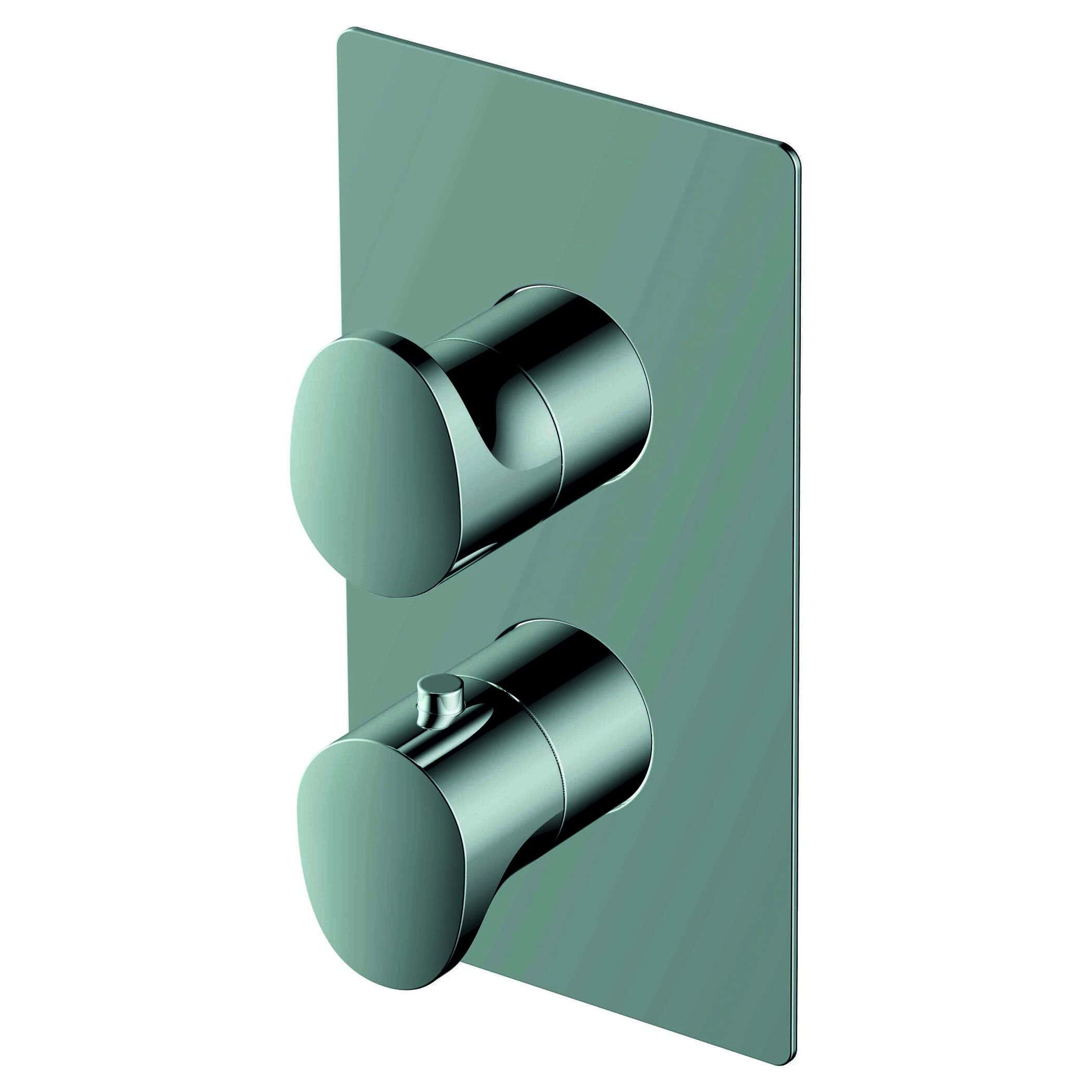 Sleek chrome bathroom shower and tap control panel with modern design, ideal for luxury bathrooms and shower systems.