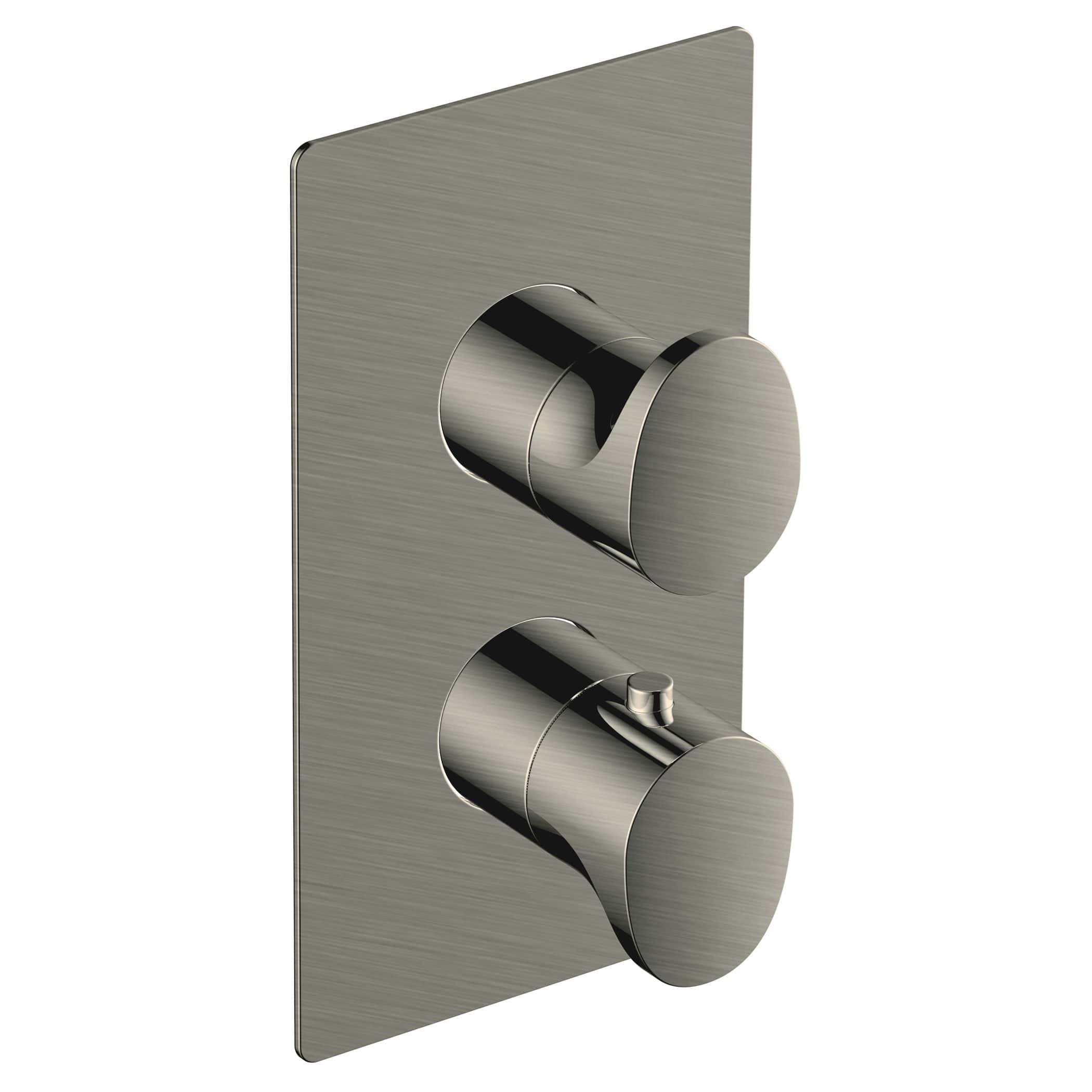 Shower control panel with two chrome knobs, modern bathroom accessories, sleek stainless steel finish, ideal for contemporary bubly bathroom designs.