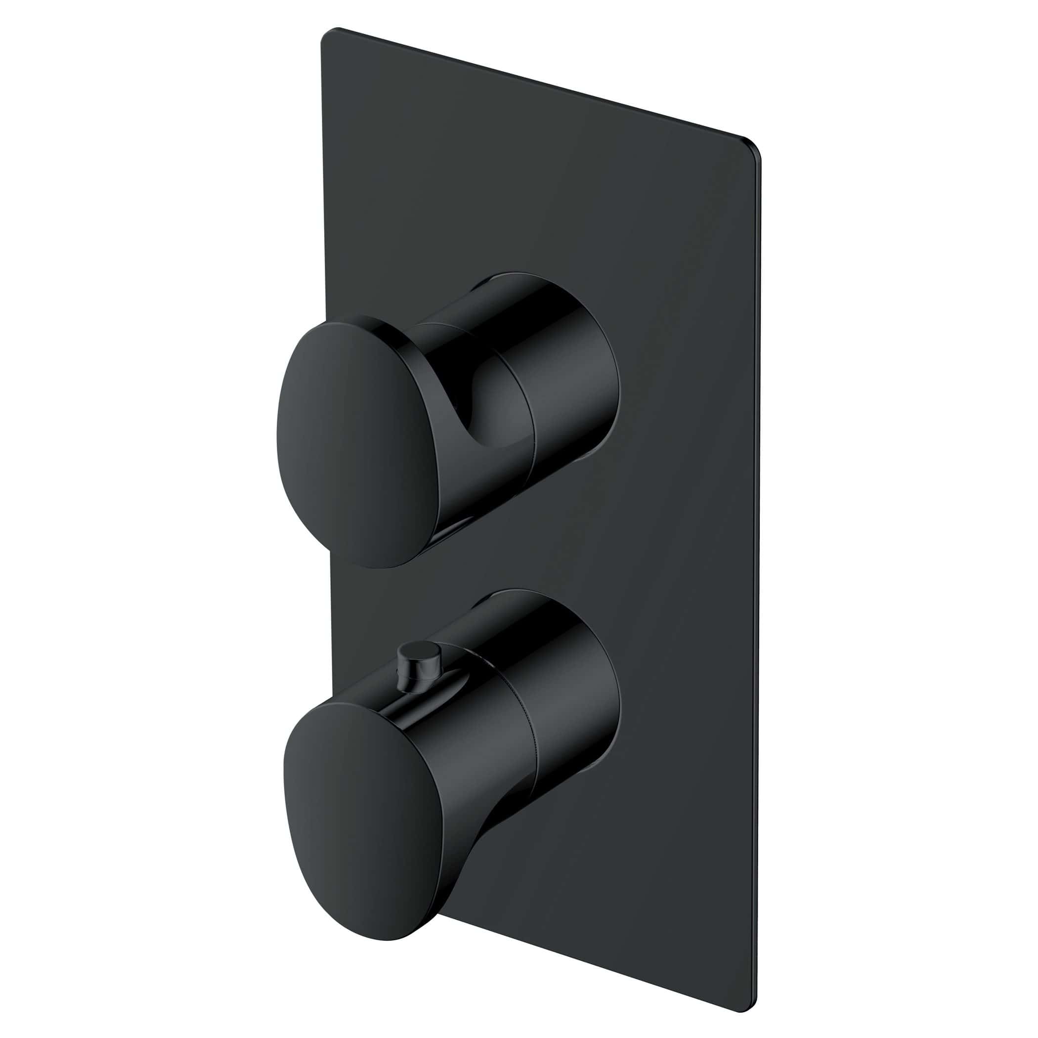 Black modern shower valve for efficient bathroom temperature control. Sleek design ideal for contemporary Bubly bathrooms, ensuring durable and stylish fixtures.
