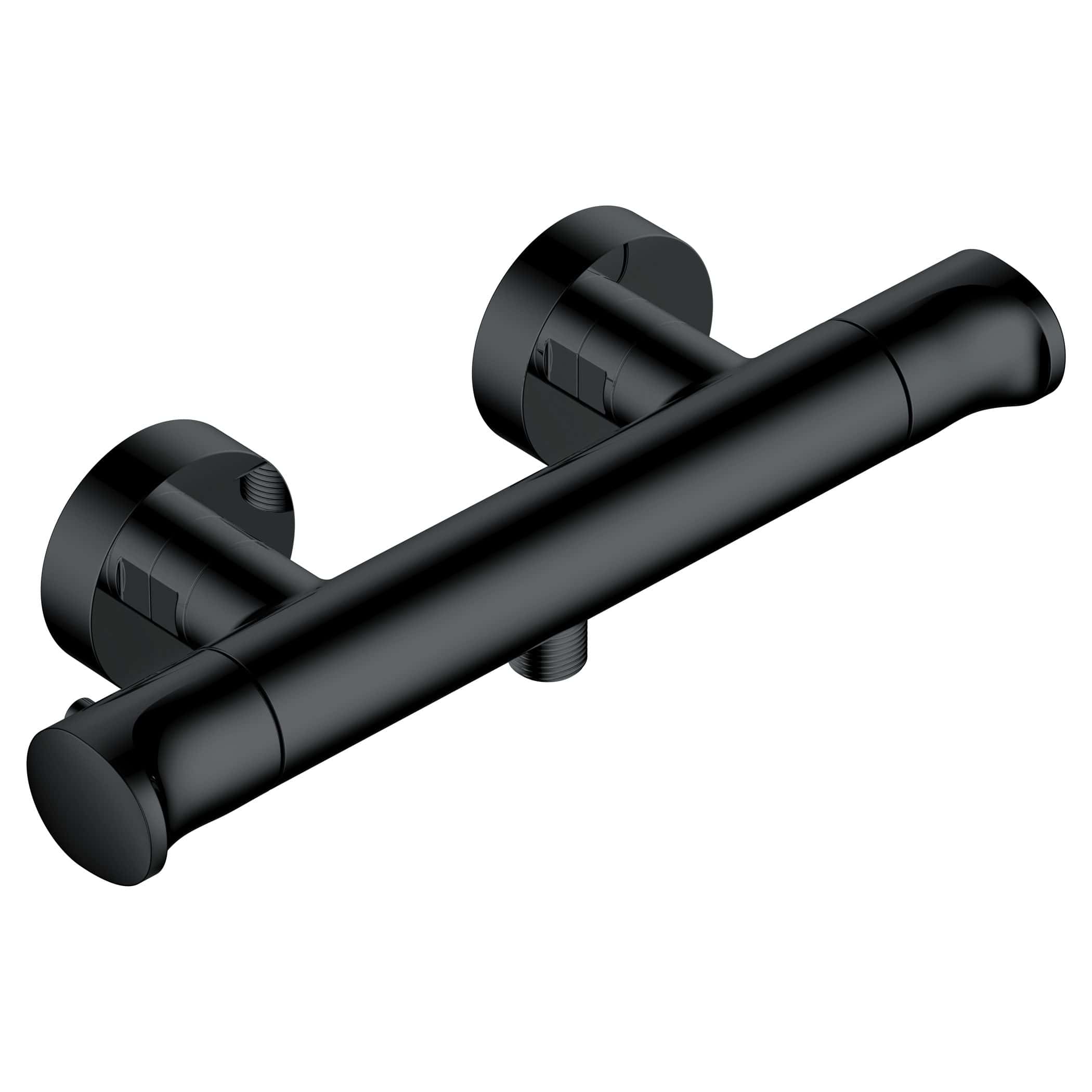 Sleek black wall-mounted bathroom tap with modern design, perfect for contemporary bathrooms, featuring dual spouts for versatile water flow.