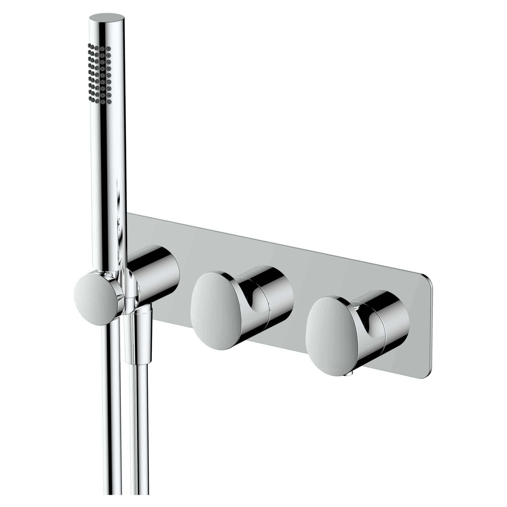 Polished chrome shower fixture with adjustable handheld showerhead and wall-mounted controls, ideal for modern bathroom bathrooms and shower enclosures.