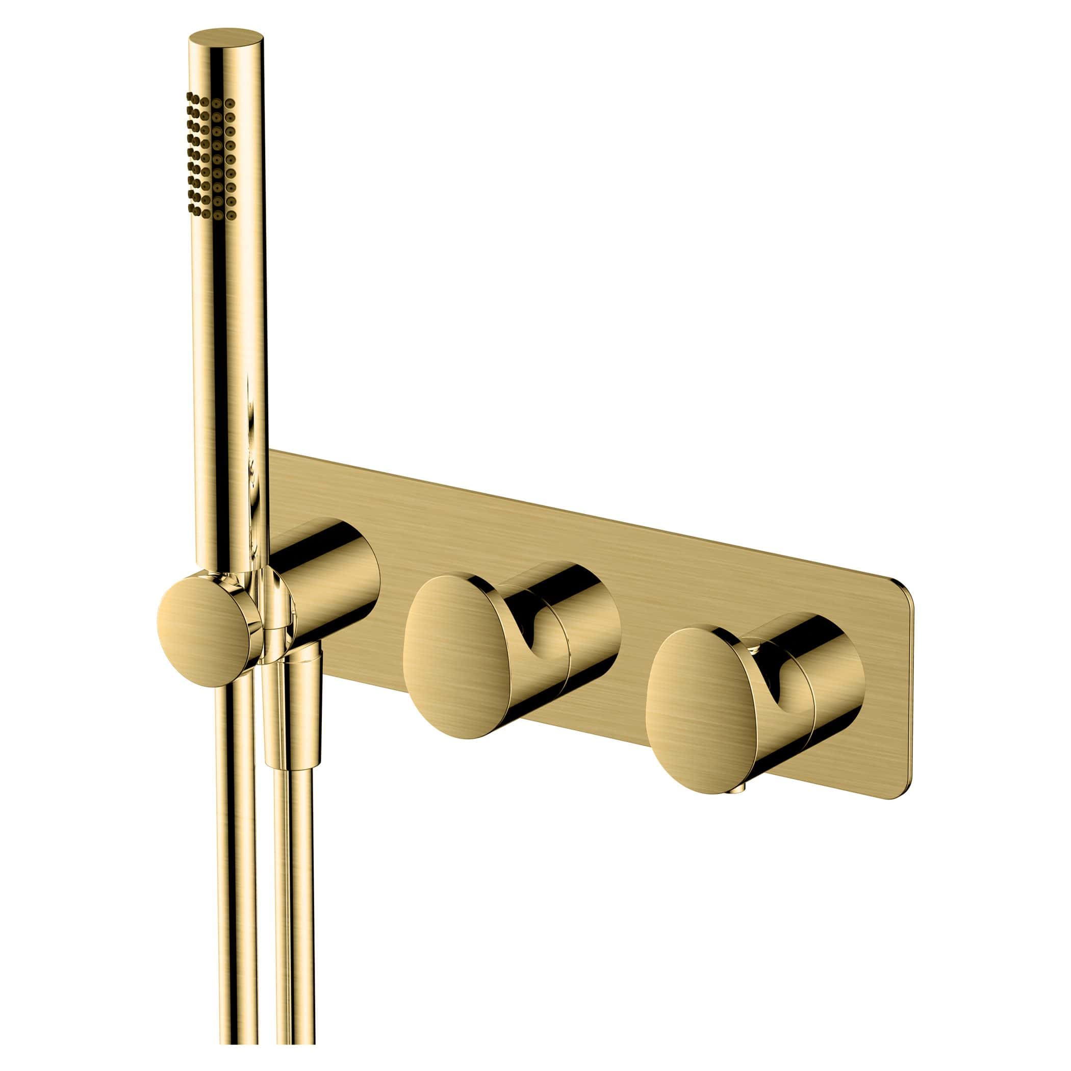 Polished gold shower valve and handheld shower head for luxurious bathroom fixtures. Modern, stylish design by Bubly Bathrooms. Perfect for contemporary bathroom upgrades and shower systems.