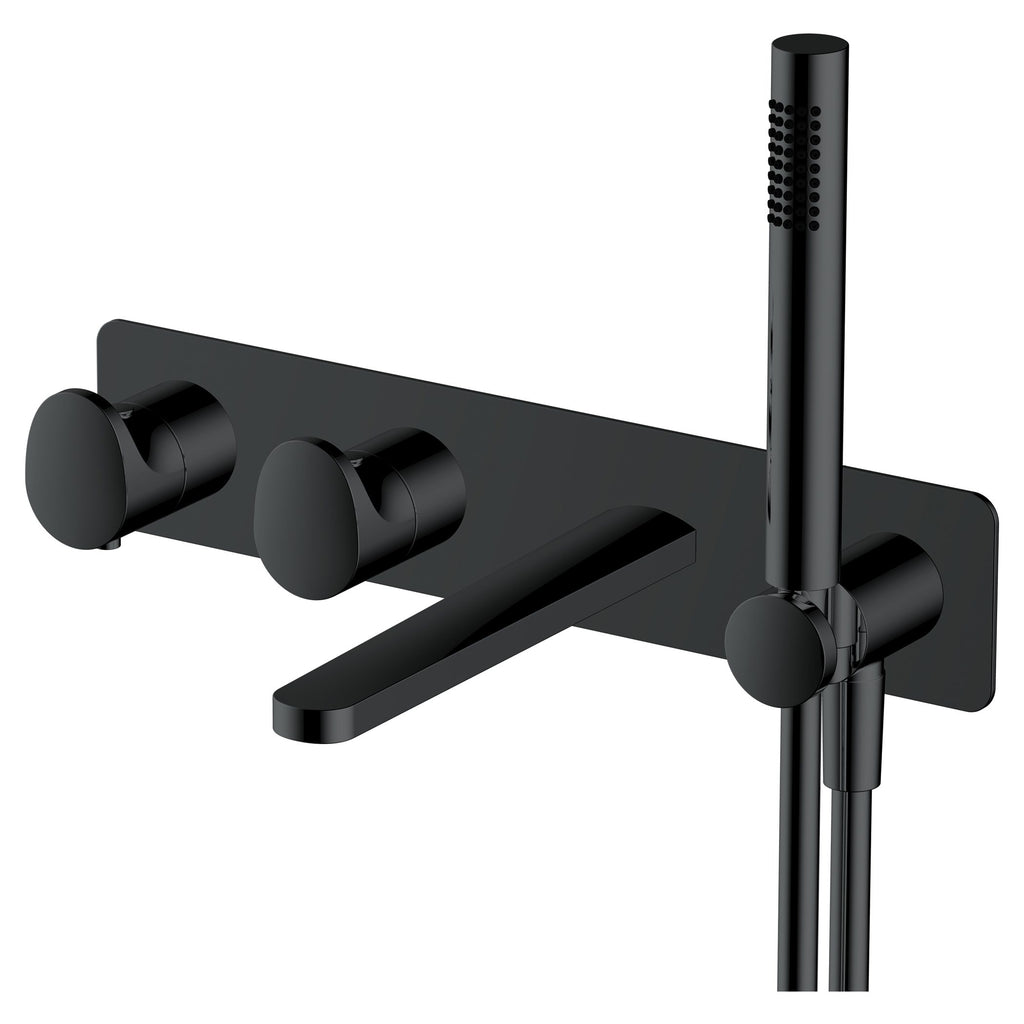 Sleek black matte bathroom faucet with integrated handles and a matching showerhead, perfect for modern bathroom designs and water-saving plumbing systems.