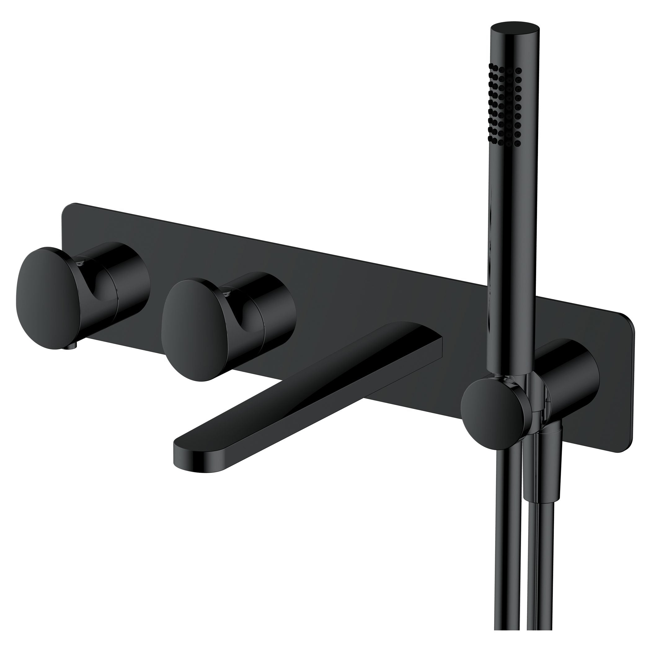 Sleek black matte bathroom faucet with integrated handles and a matching showerhead, perfect for modern bathroom designs and water-saving plumbing systems.