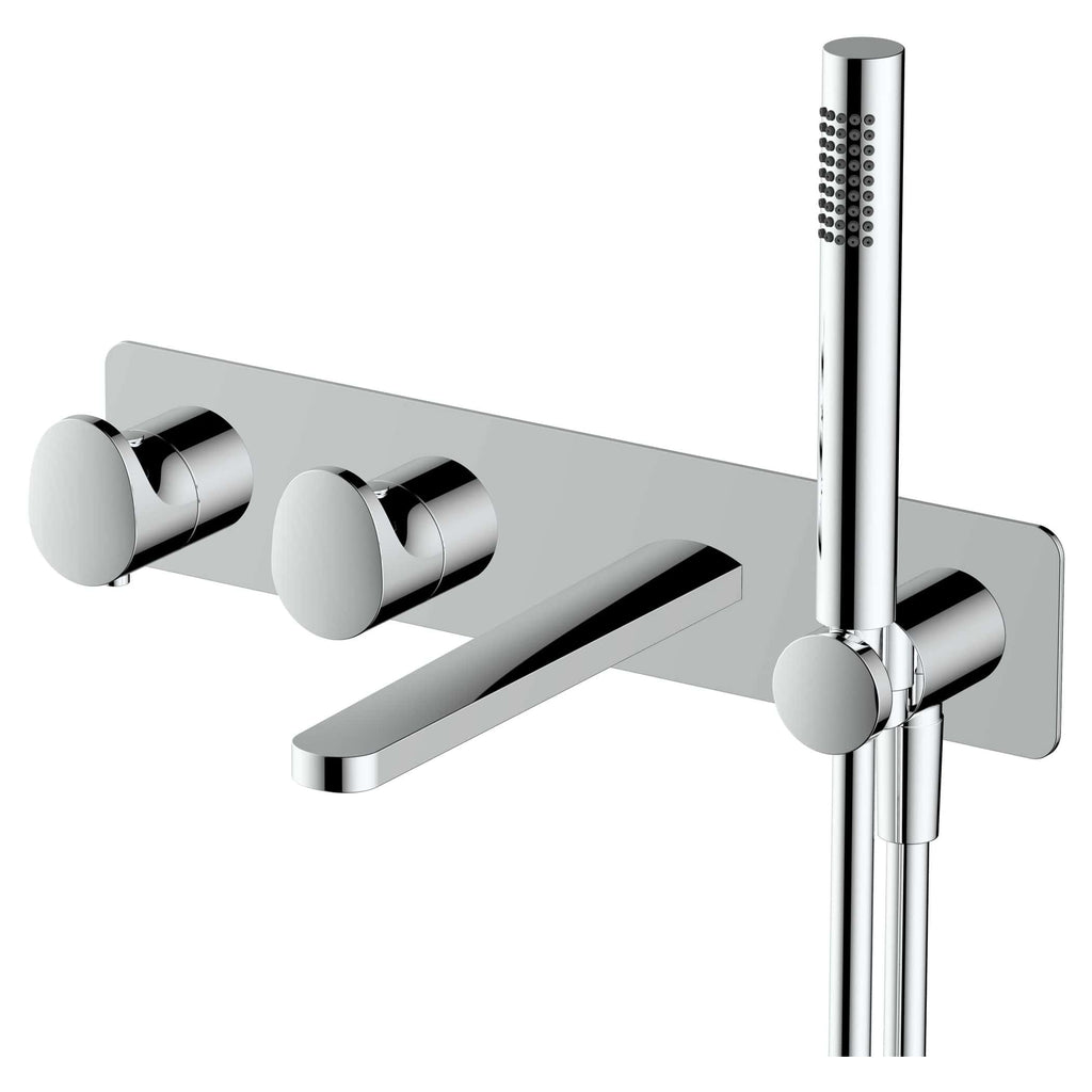 Chrome wall-mounted bath mixer tap with integrated shower head for modern bathroom design.