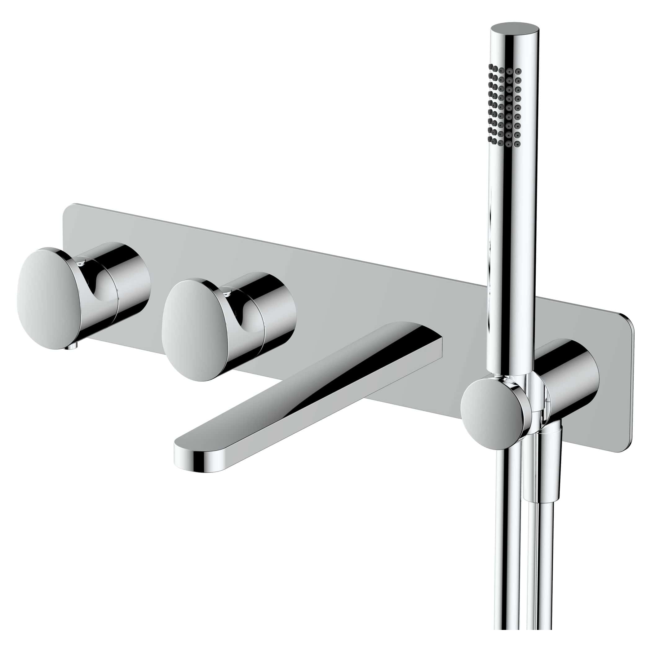 Chrome wall-mounted bath mixer tap with integrated shower head for modern bathroom design.