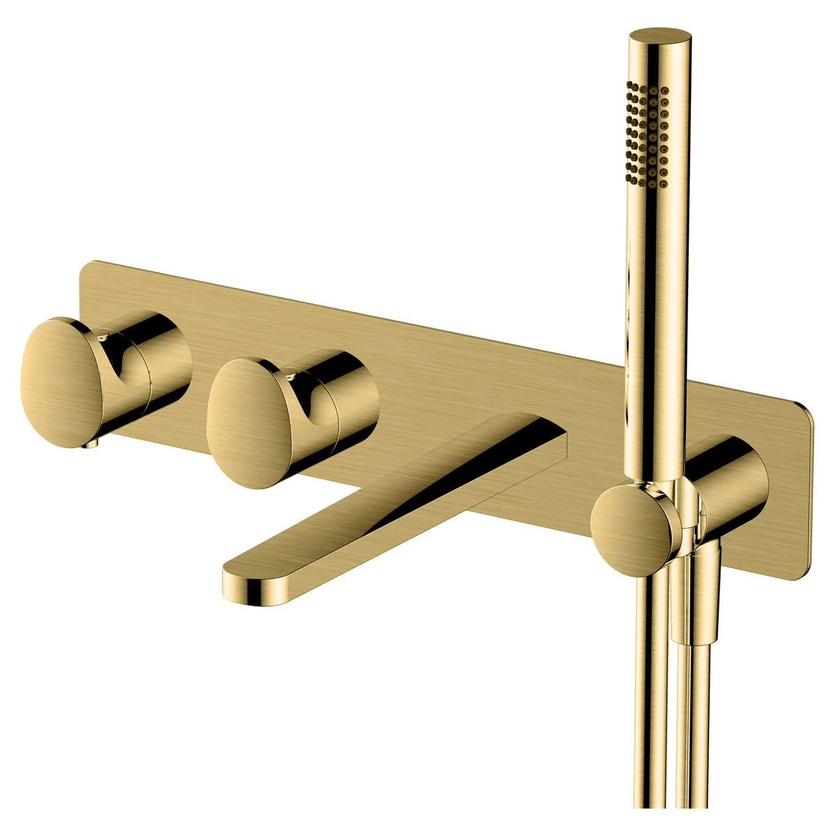 Sleek gold bath and shower mixer tap with installation accessories, ideal for modern bathrooms, combining luxury and functionality for a stylish bathing experience.