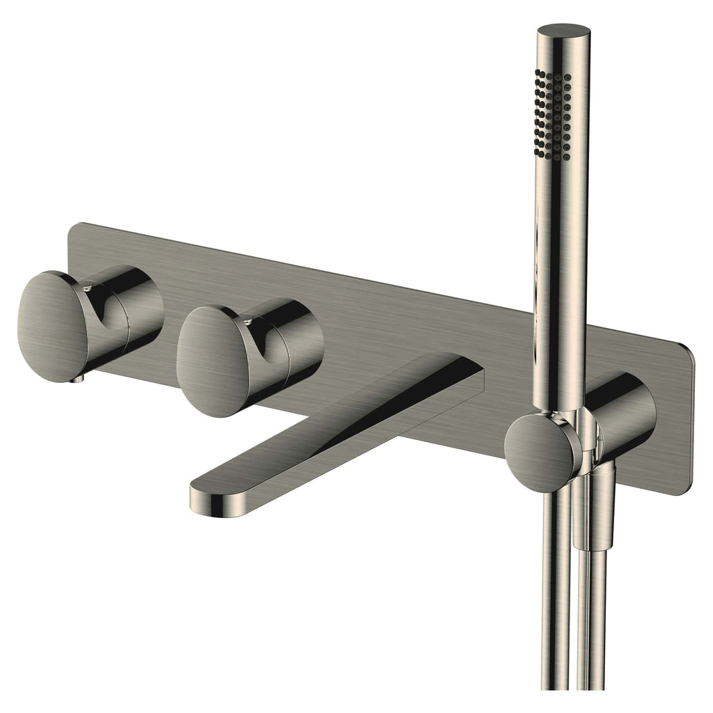 Sleek stainless steel wall-mounted shower panel with adjustable controls and handheld showerhead, perfect for modern bathroom bathroom renovation and luxury shower setups.