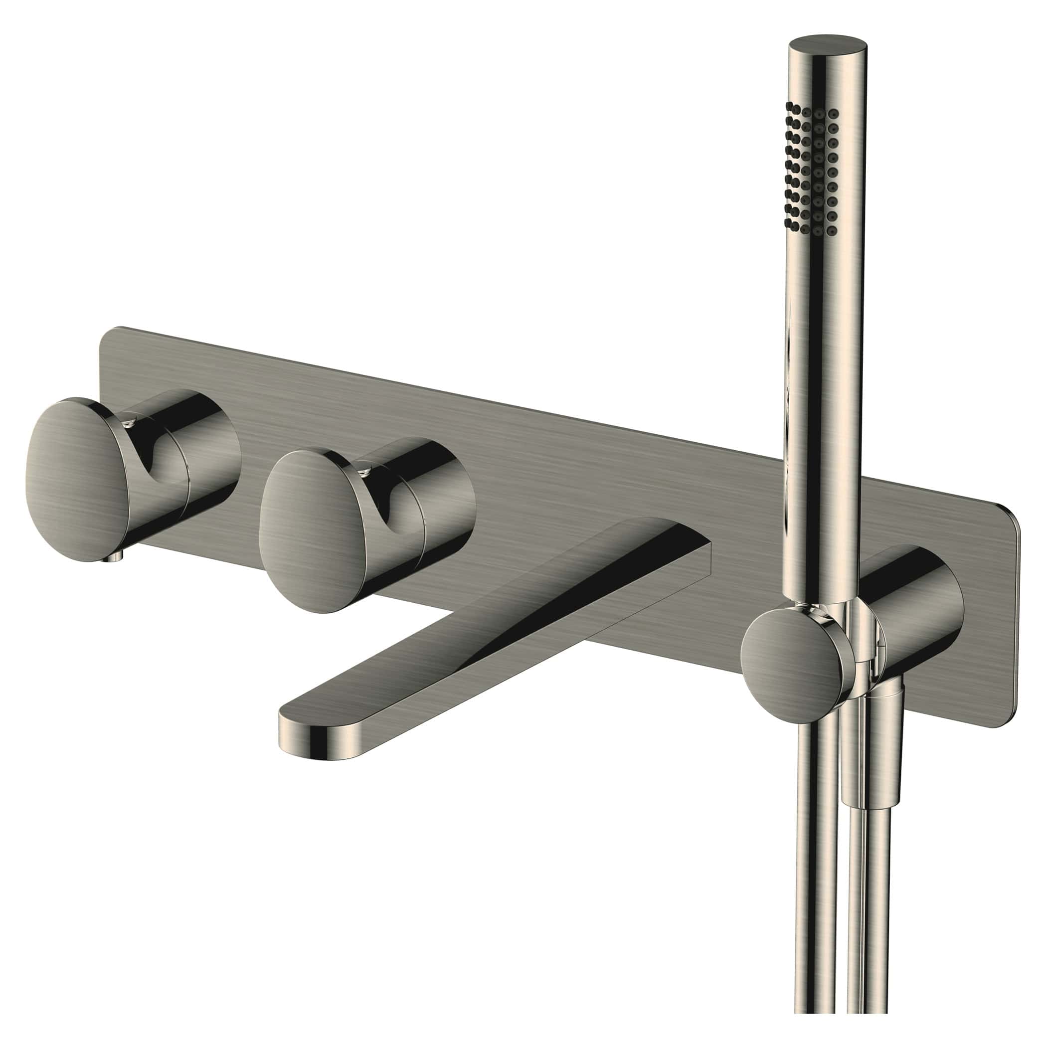 Sleek stainless steel wall-mounted shower panel with adjustable controls and handheld showerhead, perfect for modern bathroom bathroom renovation and luxury shower setups.