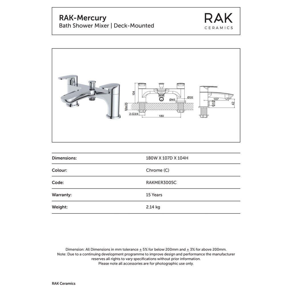 Elegant chrome bath shower mixer with deck-mounted design, ideal for modern bathrooms, featuring precise dimensions and high durability from RAK Ceramics.