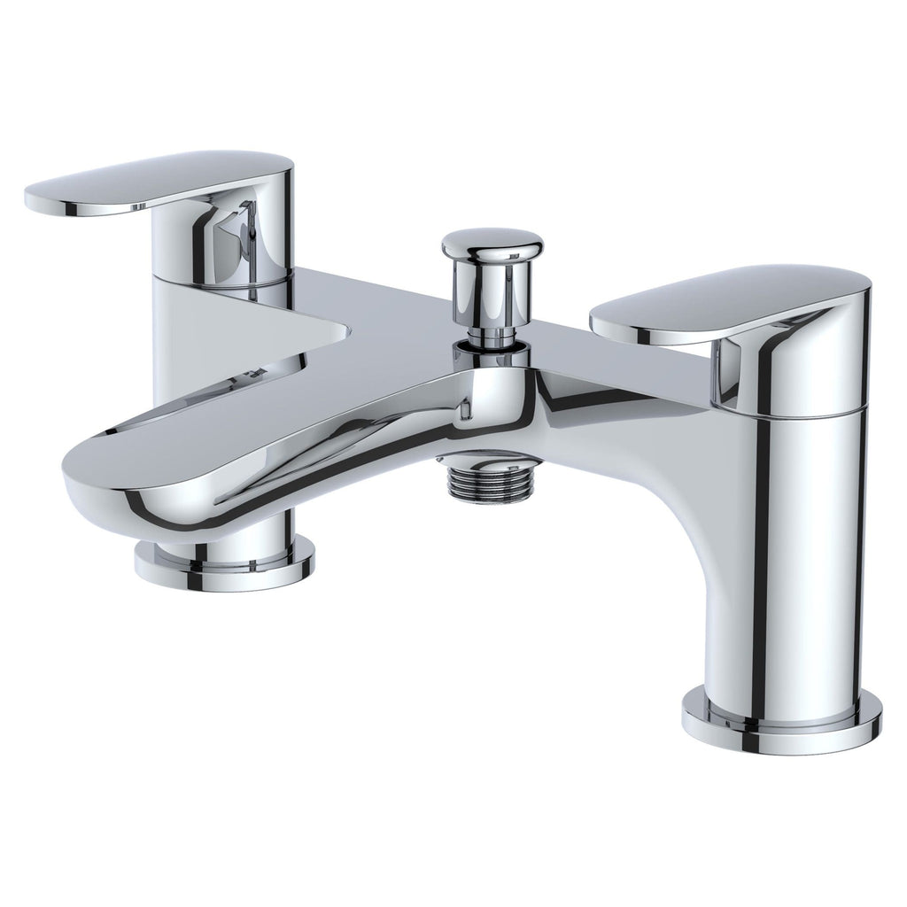 Modern chrome bathroom tap with dual handles and built-in mixer for stylish and functional bathroom fixtures.