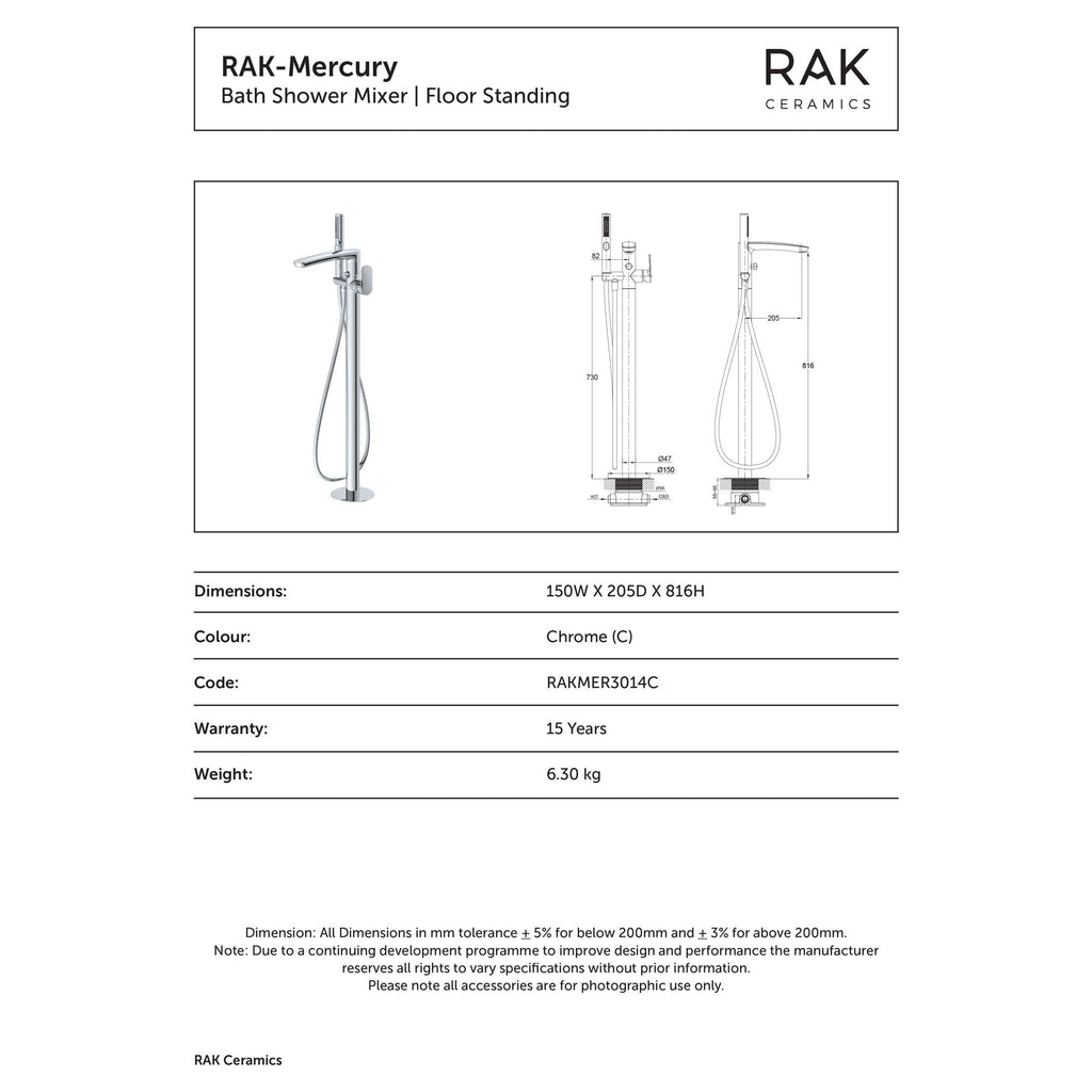 Polished chrome bath shower mixer with floor standing design, suitable for modern bathrooms; features detailed technical specifications and dimensions.
