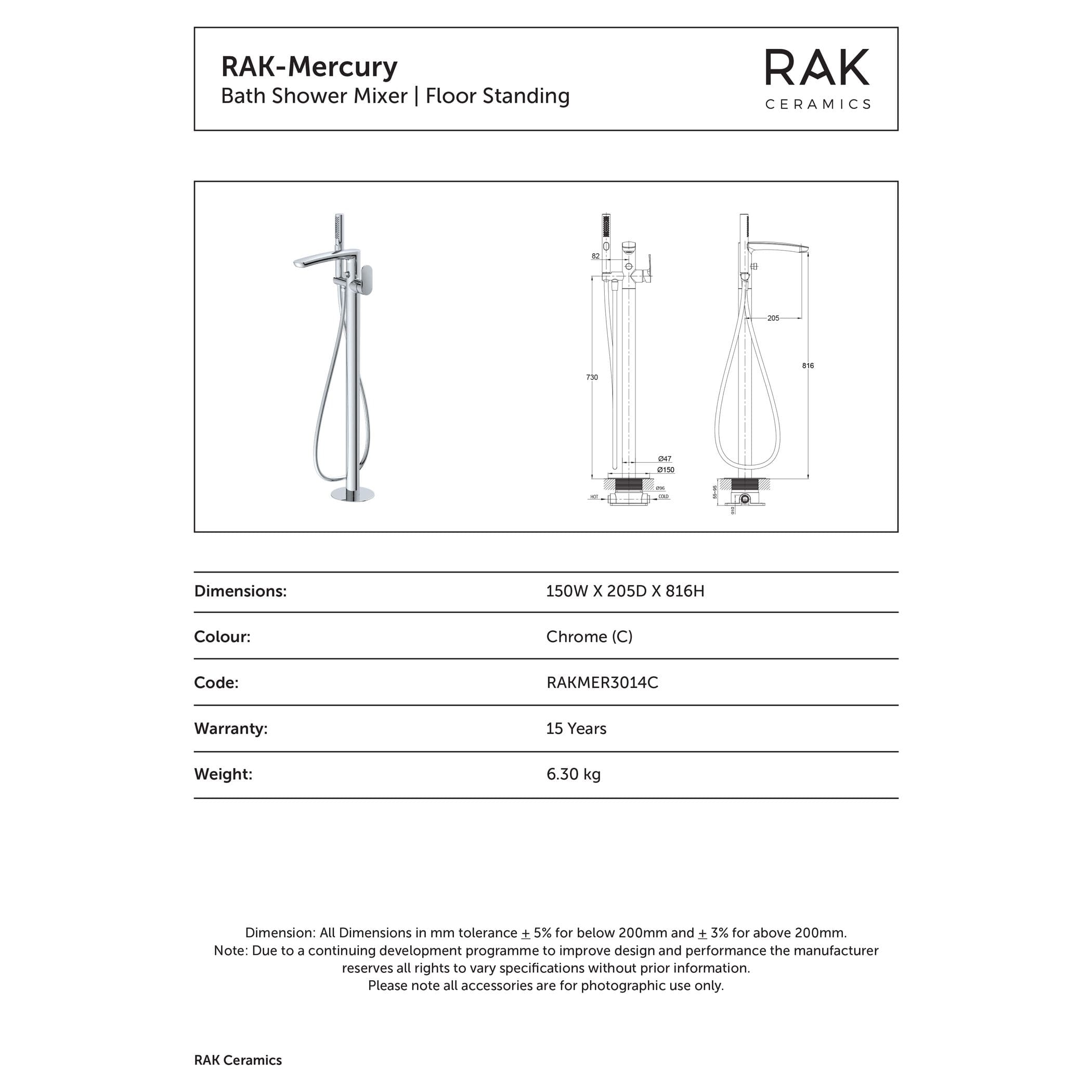 Polished chrome bath shower mixer with floor standing design, suitable for modern bathrooms; features detailed technical specifications and dimensions.