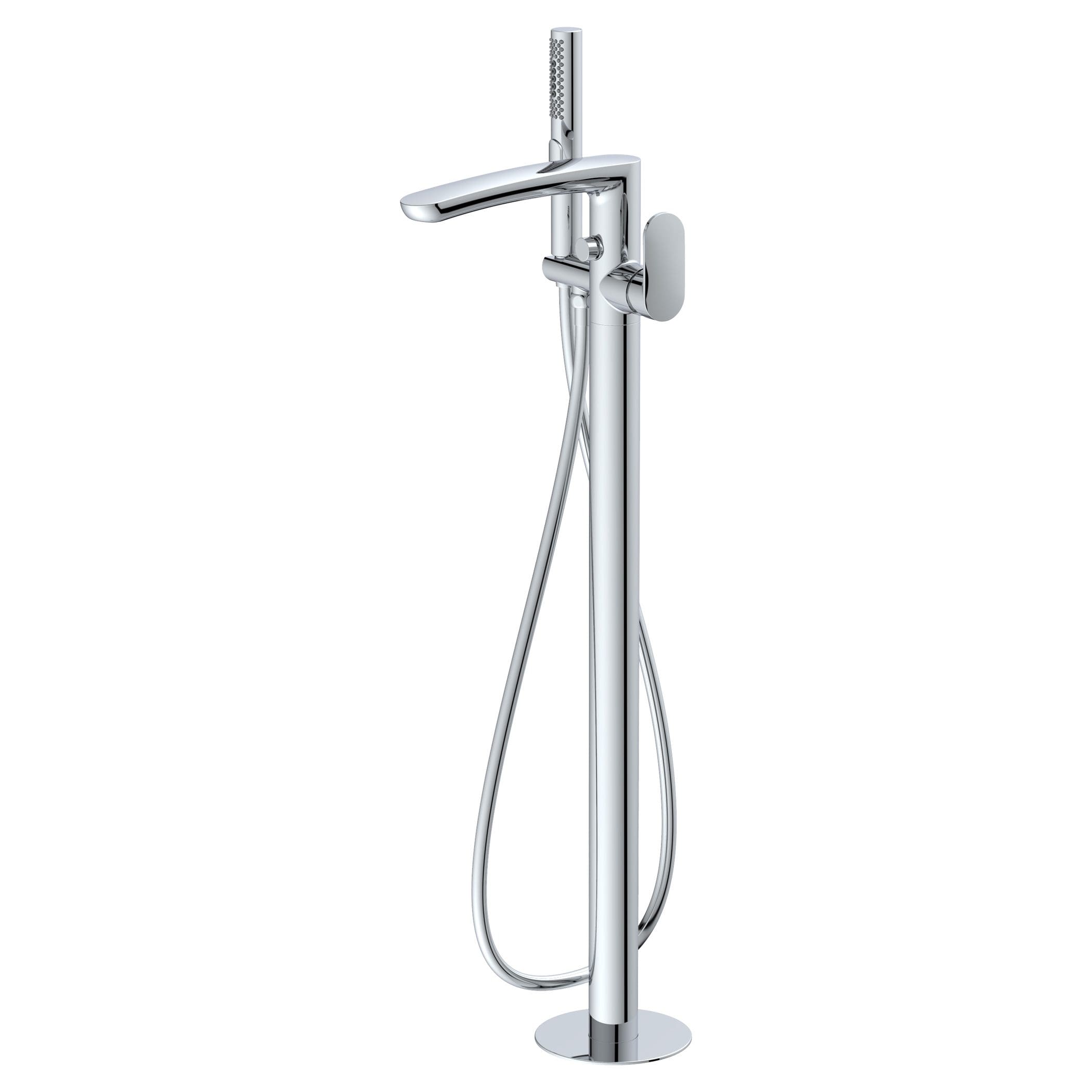 Modern chrome freestanding shower mixer with handheld shower head, ideal for contemporary bathroom designs. Elegant, durable, easy to install, perfect for upgrading your bathroom fixtures.