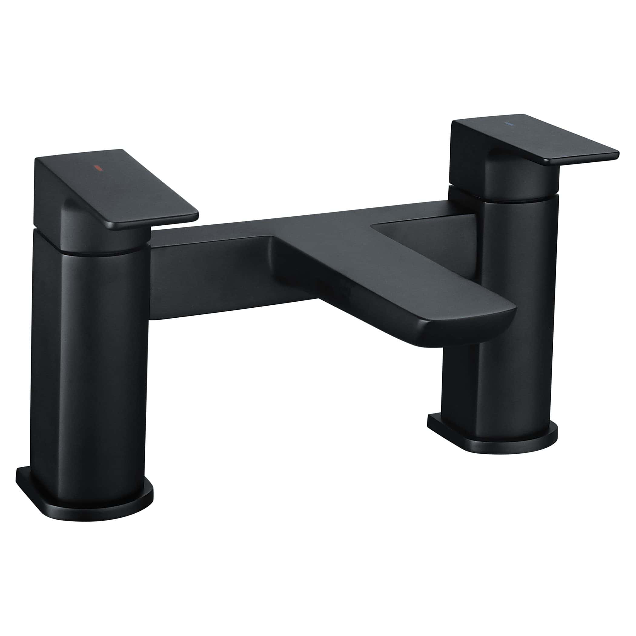 Sleek black bathroom faucet with a modern matte finish, featuring dual square handles and a minimalist design for contemporary bathrooms. Ideal for stylish bathroom sink installations.