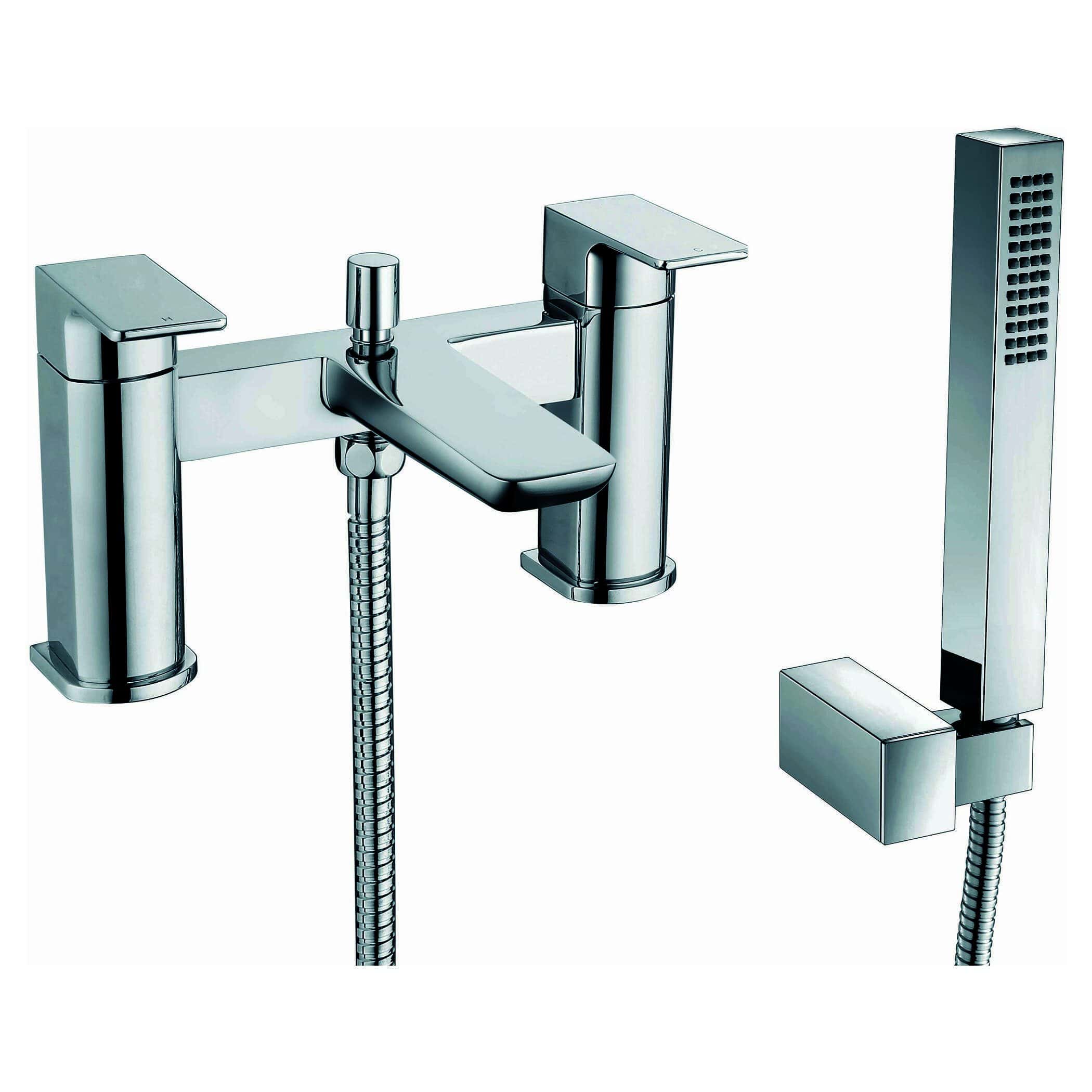 Modern chrome bathroom faucet with detachable handheld shower head and flexible hose. Perfect for stylish bathroom renovations with high-quality design. Suitable for contemporary bathroom settings.