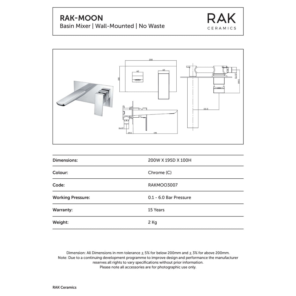 Sleek chrome wall-mounted basin mixer tap with precise technical drawings for bathroom installation.